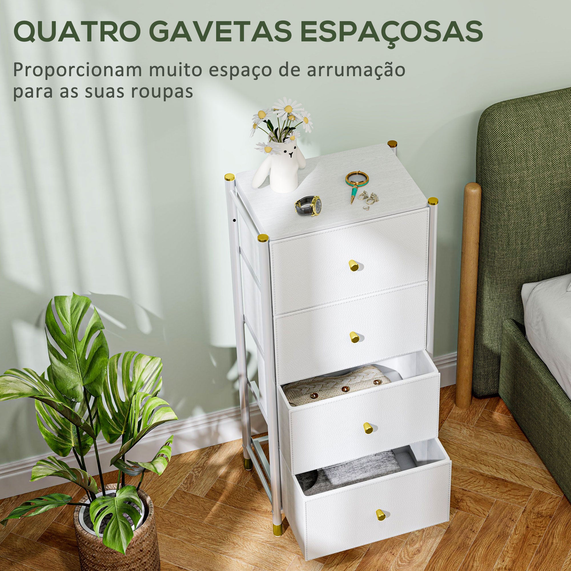 Cómoda Branca 46x30x98 cm com 4 Gavetas de Tecido e Estrutura de Aço