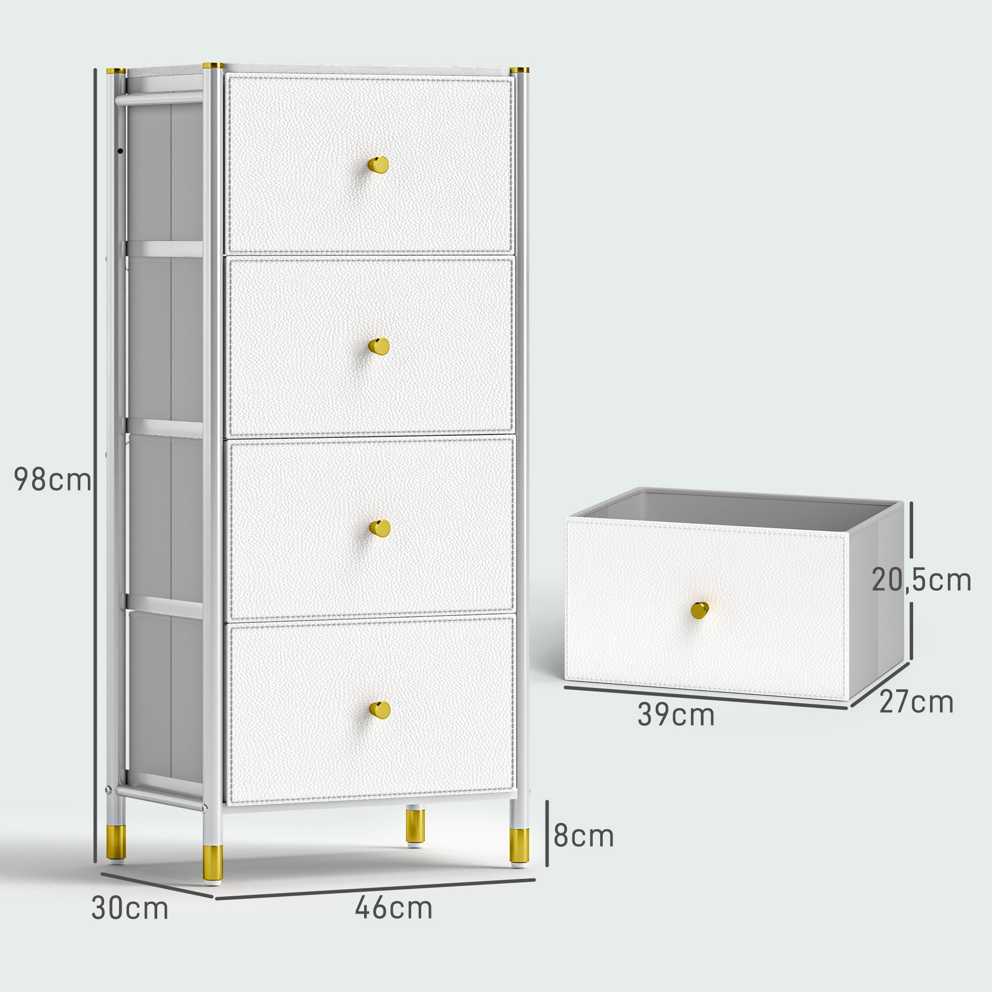 Cómoda Branca 46x30x98 cm com 4 Gavetas de Tecido e Estrutura de Aço