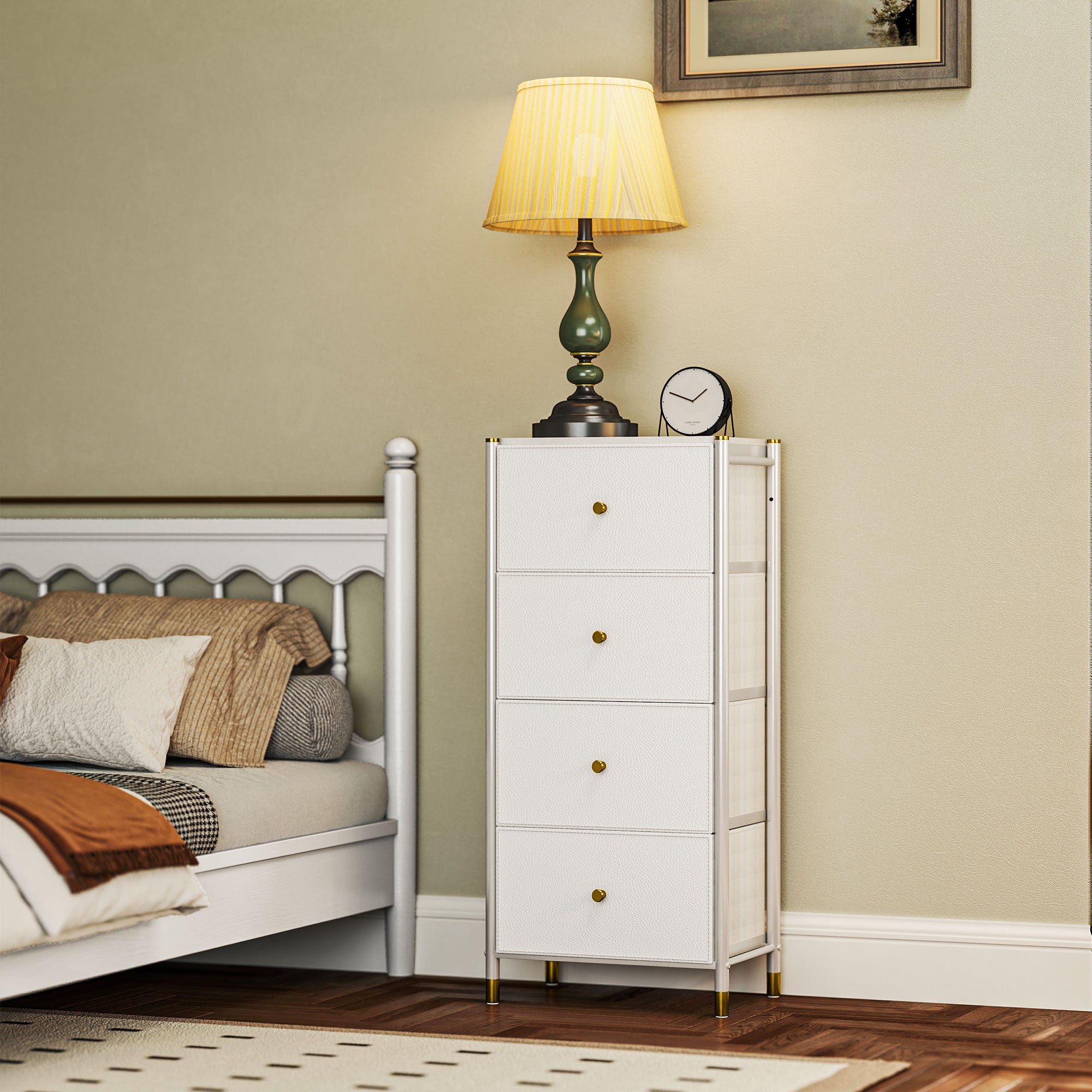 Cómoda Branca 46x30x98 cm com 4 Gavetas de Tecido e Estrutura de Aço
