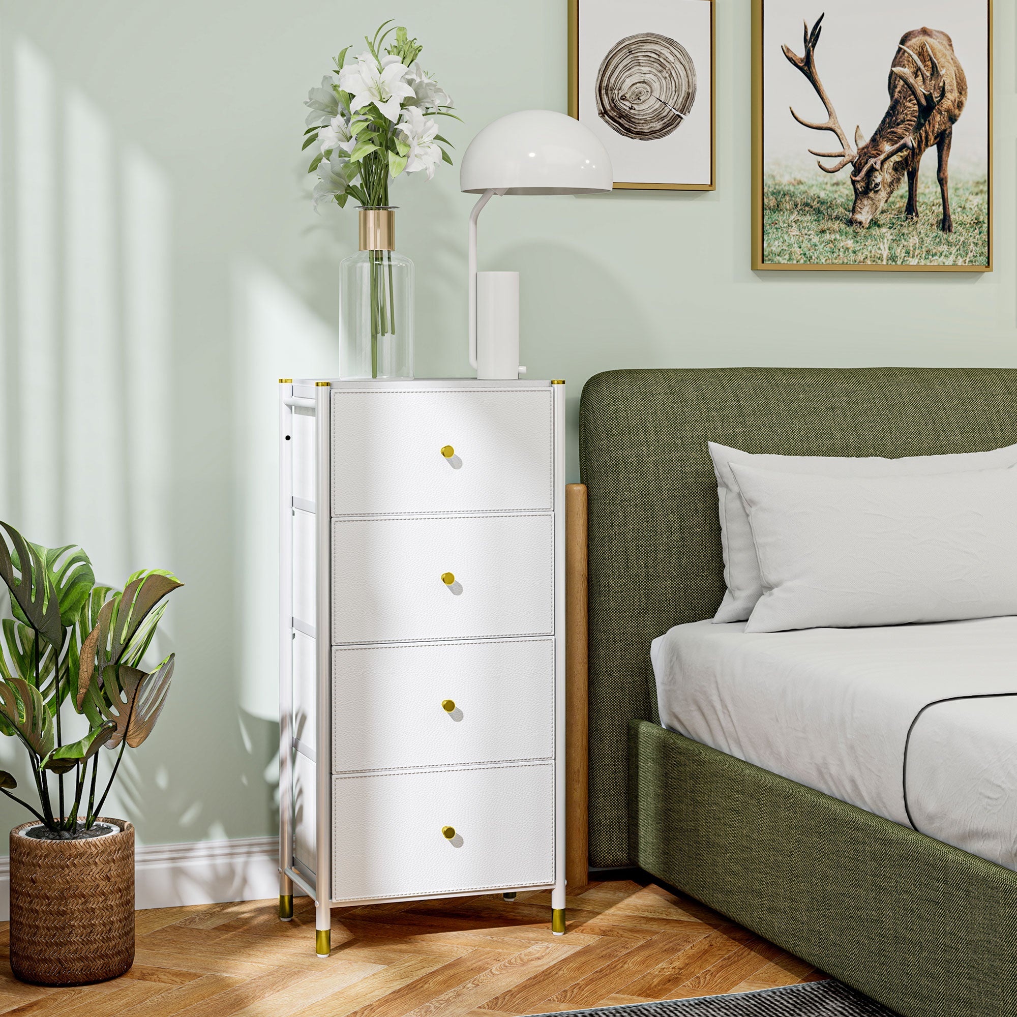 Cómoda Branca 46x30x98 cm com 4 Gavetas de Tecido e Estrutura de Aço