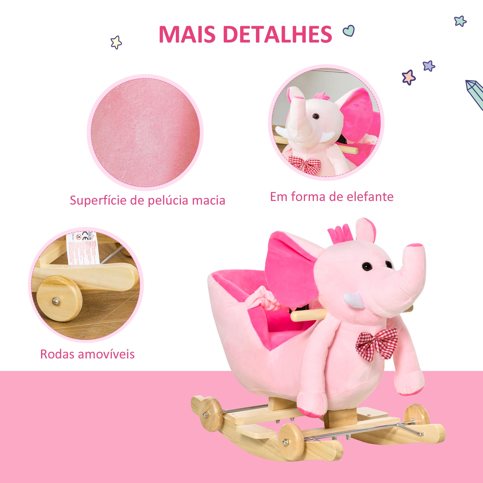 Baloiço Infantil Elefante – 60x35x45 cm – Rosa – Madeira de choupo