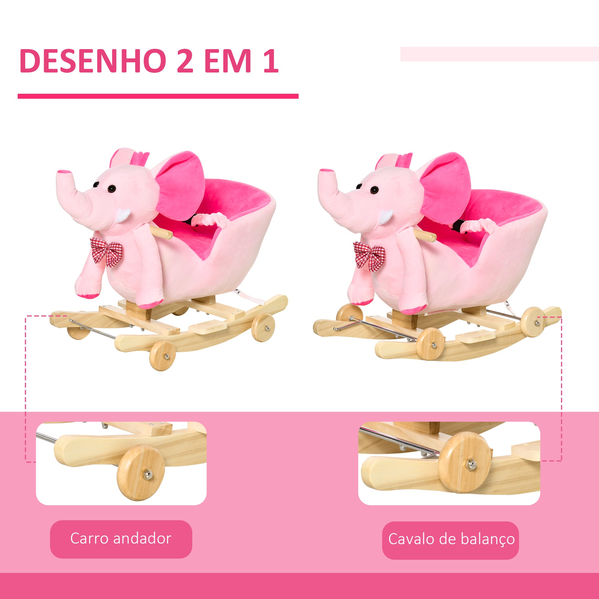 Baloiço Infantil Elefante – 60x35x45 cm – Rosa – Madeira de choupo