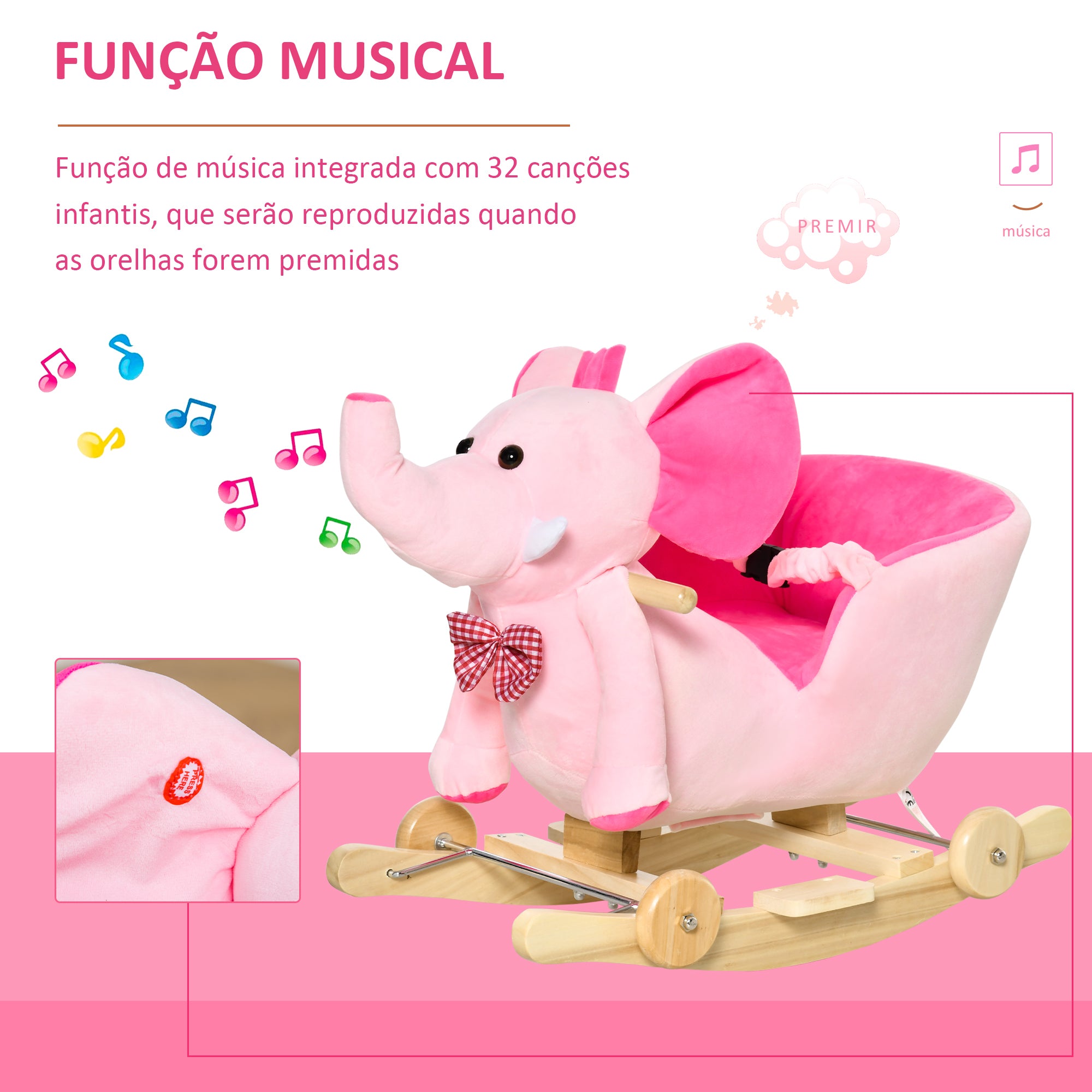 Baloiço Infantil Elefante – 60x35x45 cm – Rosa – Madeira de choupo