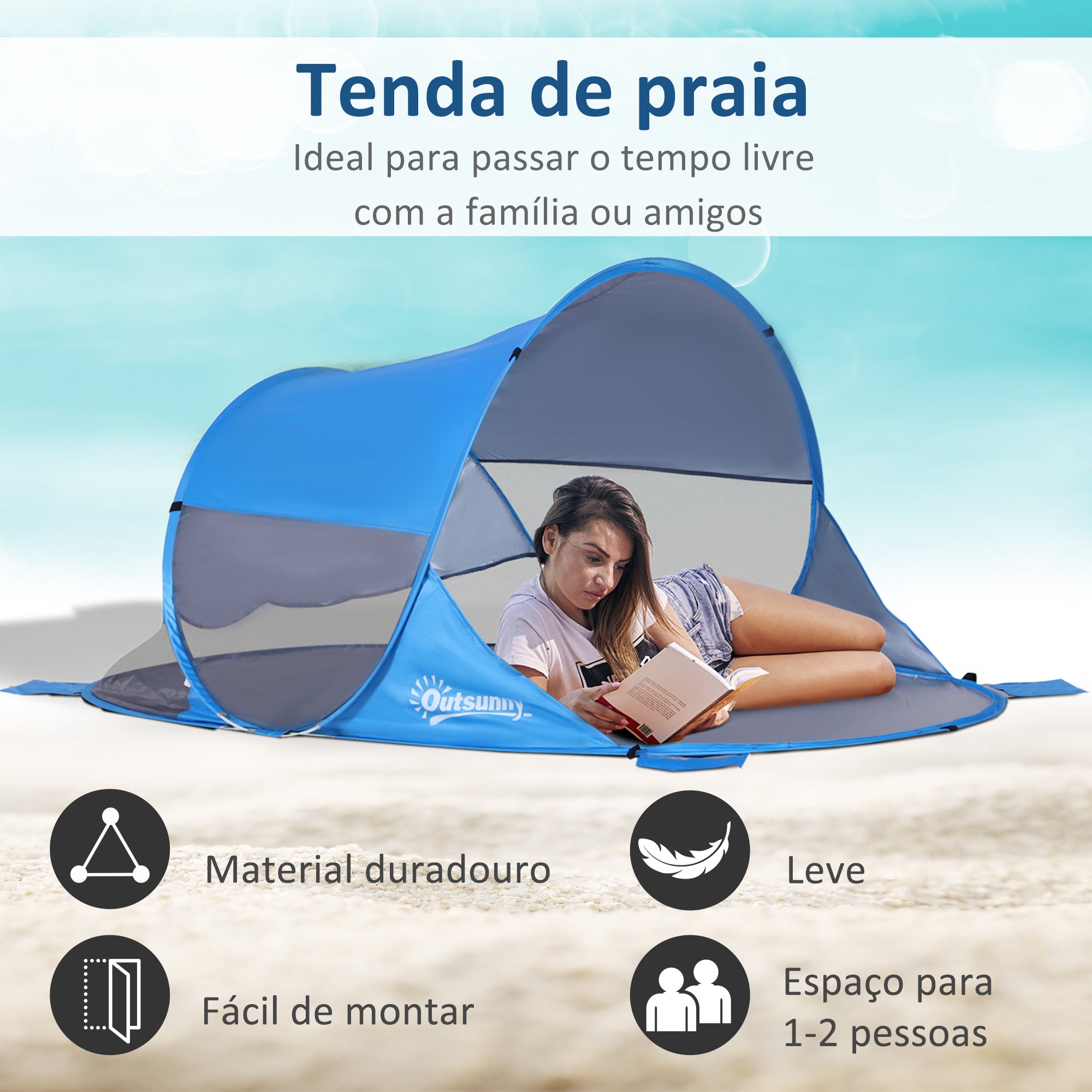 Tenda de Praia Dobrável Pop-Up – 200x120x90 cm – Azul – Tecido de poliéster