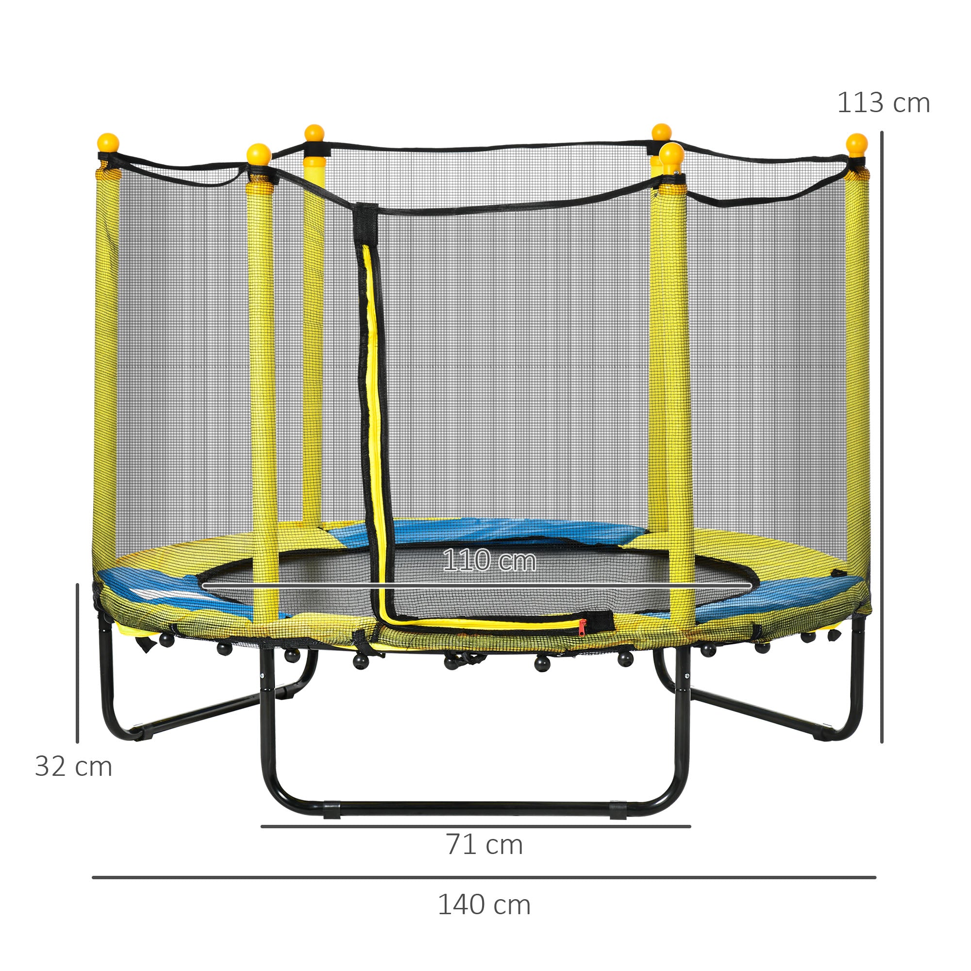 Trampolim Infantil Ø140x113 cm Amarelo para Crianças de 1-10 Anos