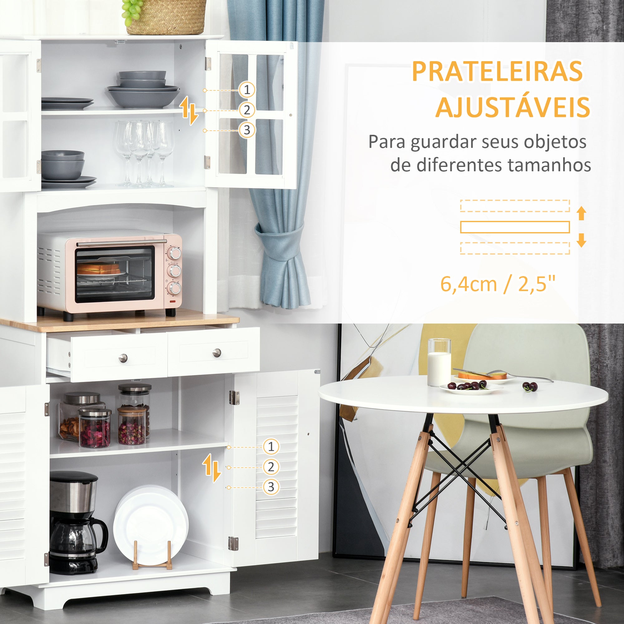 Armário de Cozinha Auxiliar com 2 Portas 2 Gavetas 68x39,5x170 cm - Branco