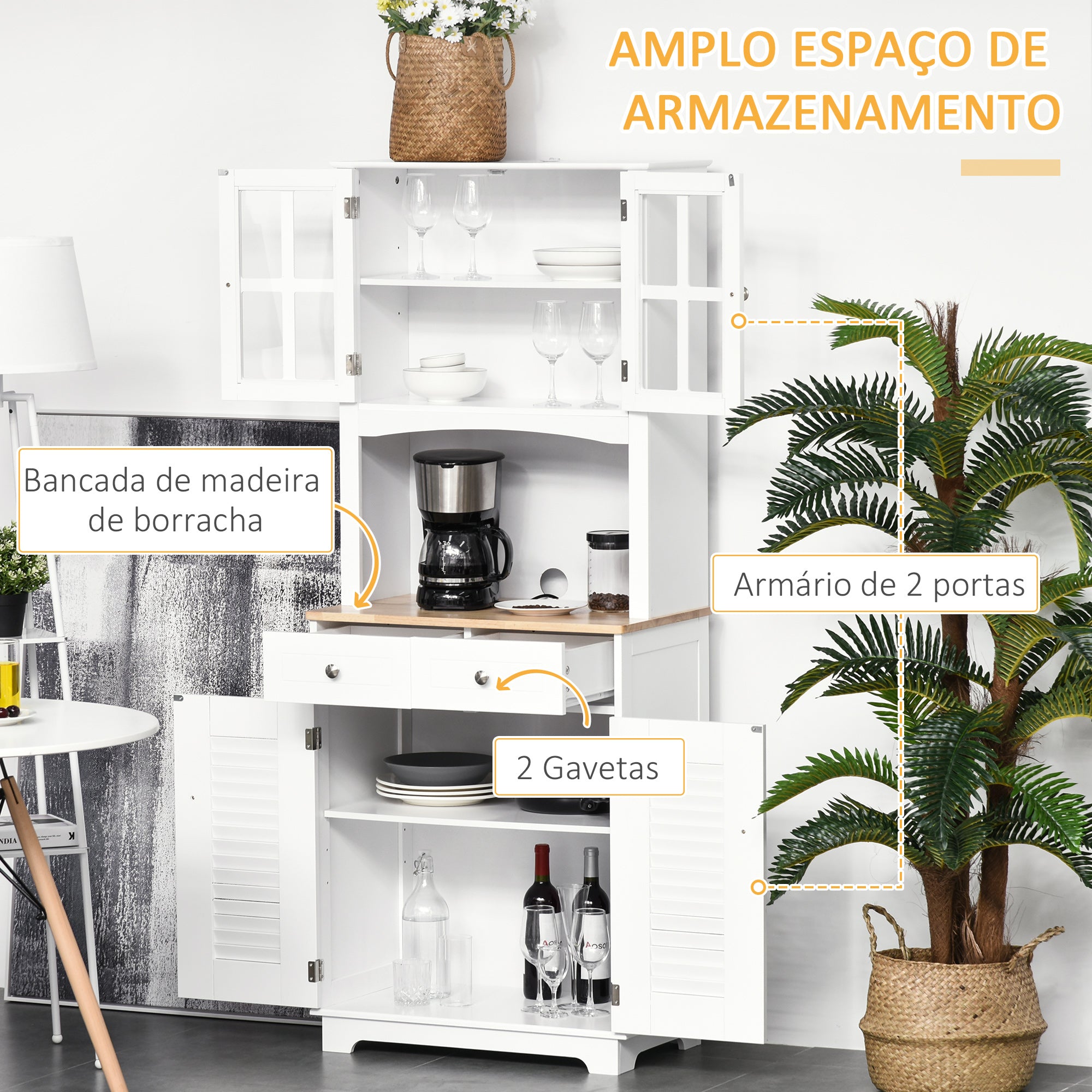Armário de Cozinha Auxiliar com 2 Portas 2 Gavetas 68x39,5x170 cm - Branco