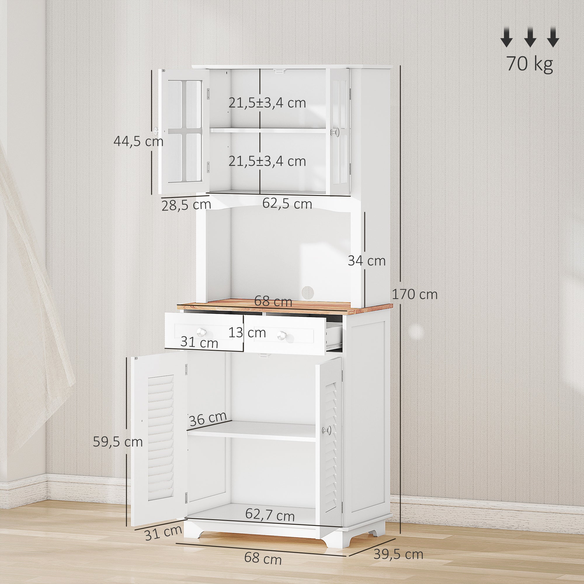 Armário de Cozinha Auxiliar com 2 Portas 2 Gavetas 68x39,5x170 cm - Branco