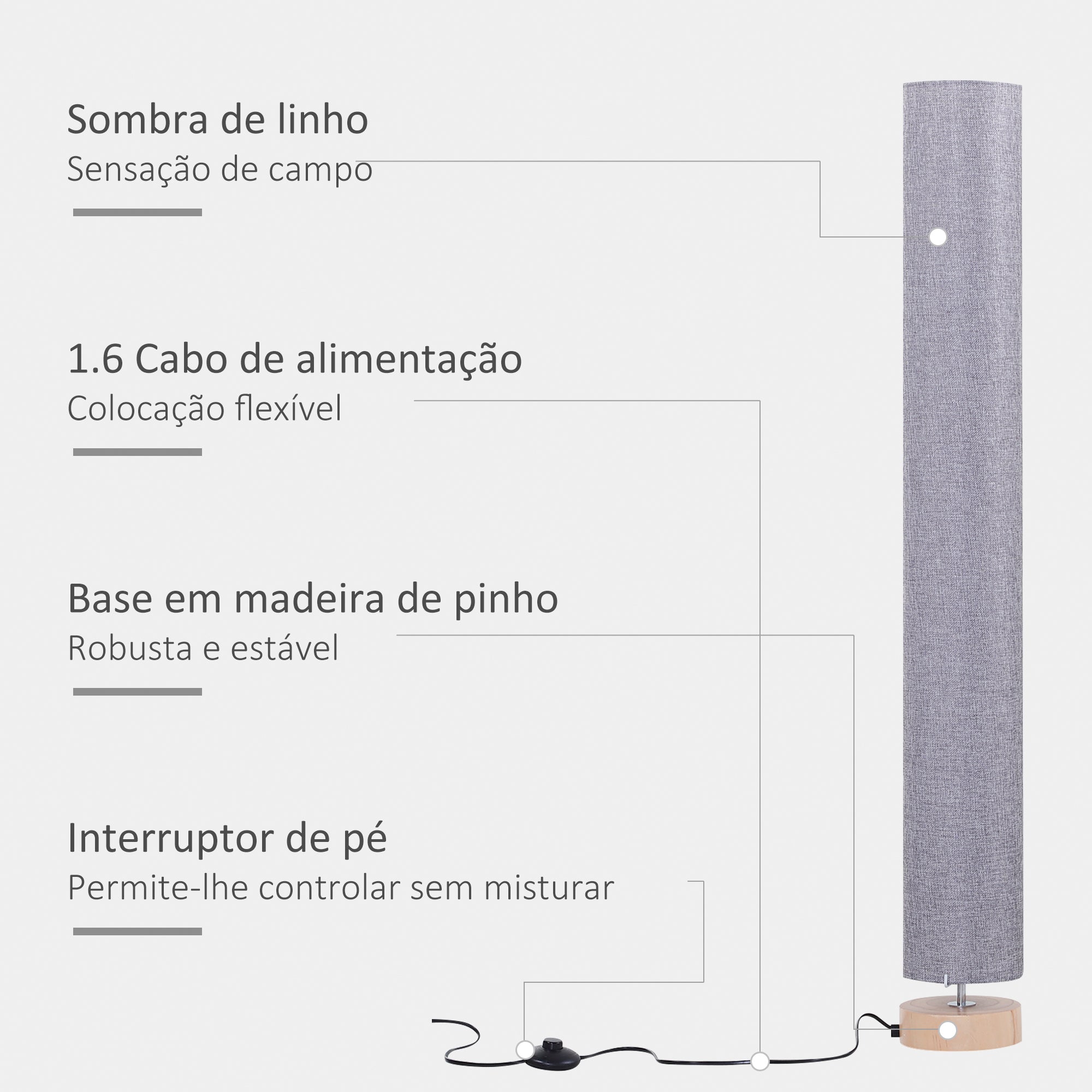 Candeeiro de Pé Moderno Cinza Ø15x120 cm