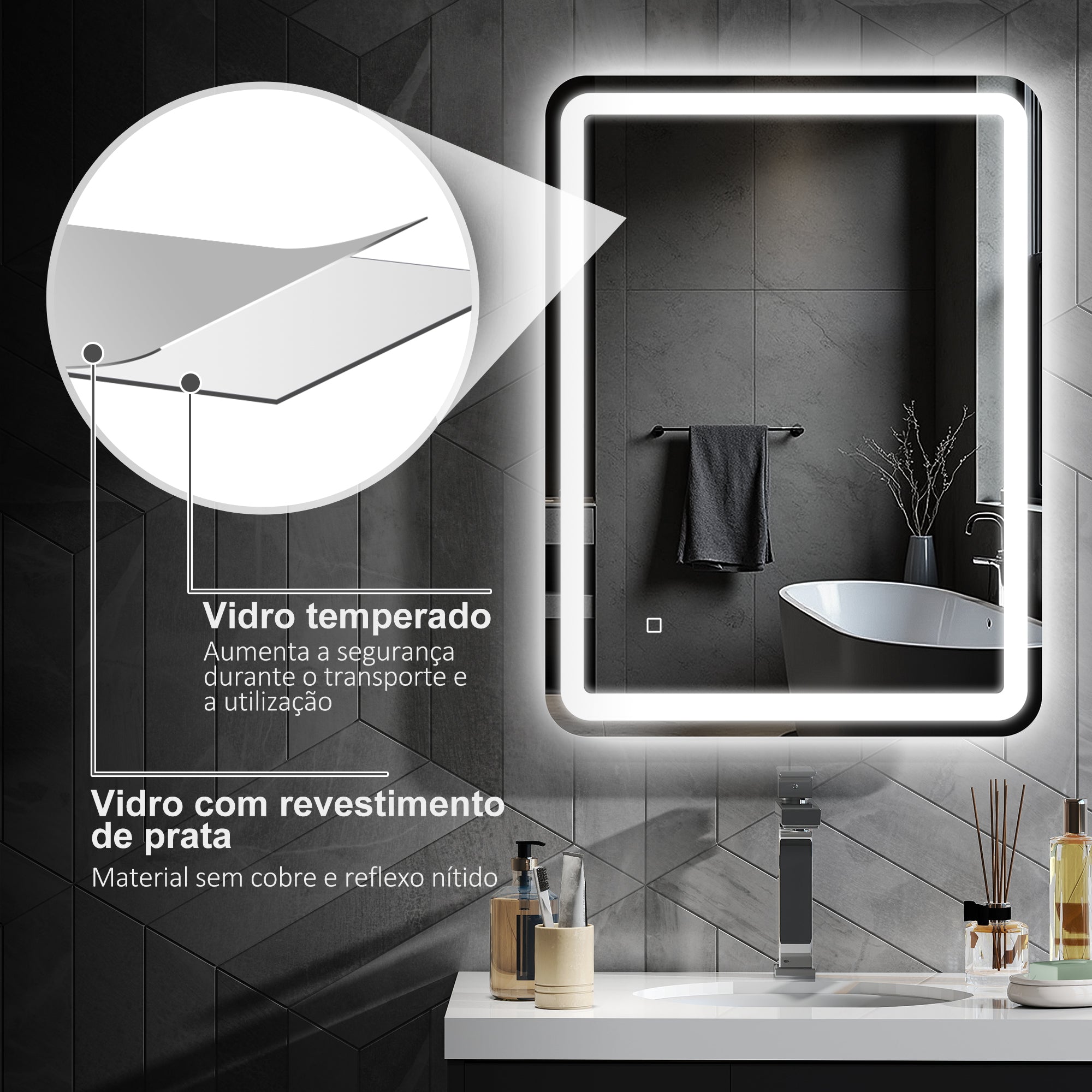 Espelho Casa de Banho LED 60x80 cm Prata