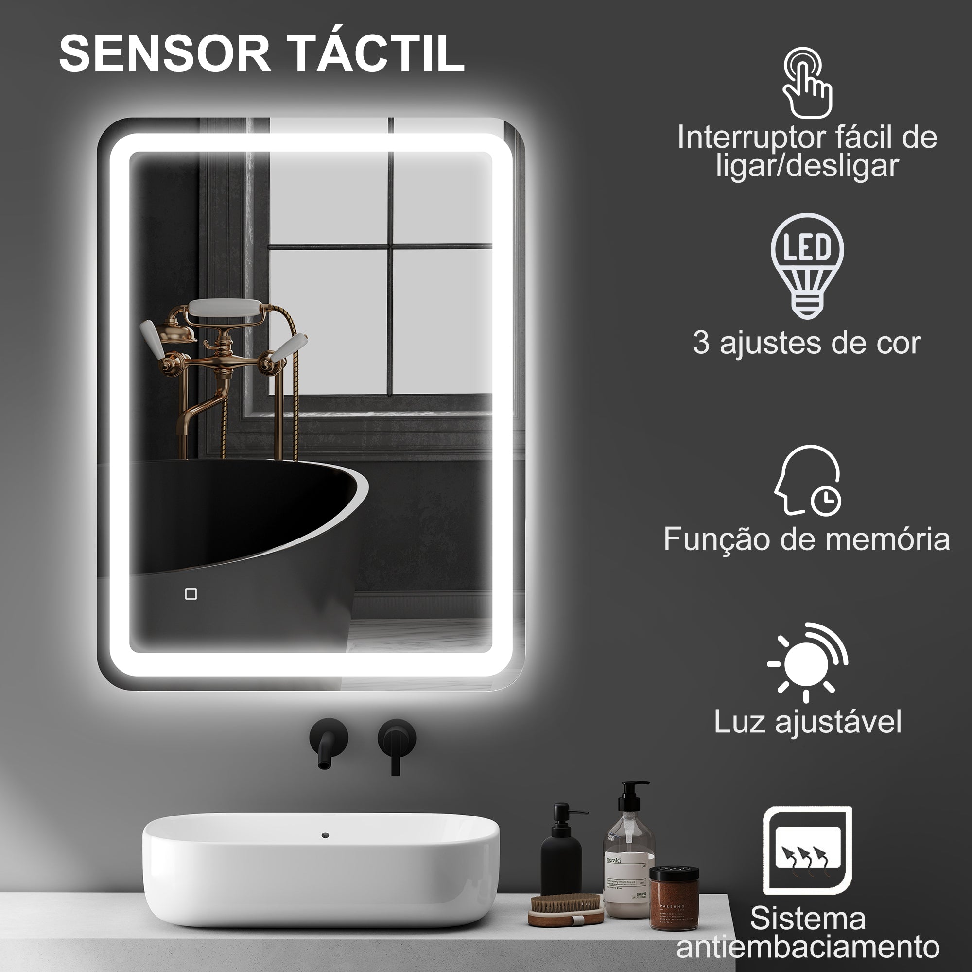 Espelho Casa de Banho LED 60x80 cm Prata