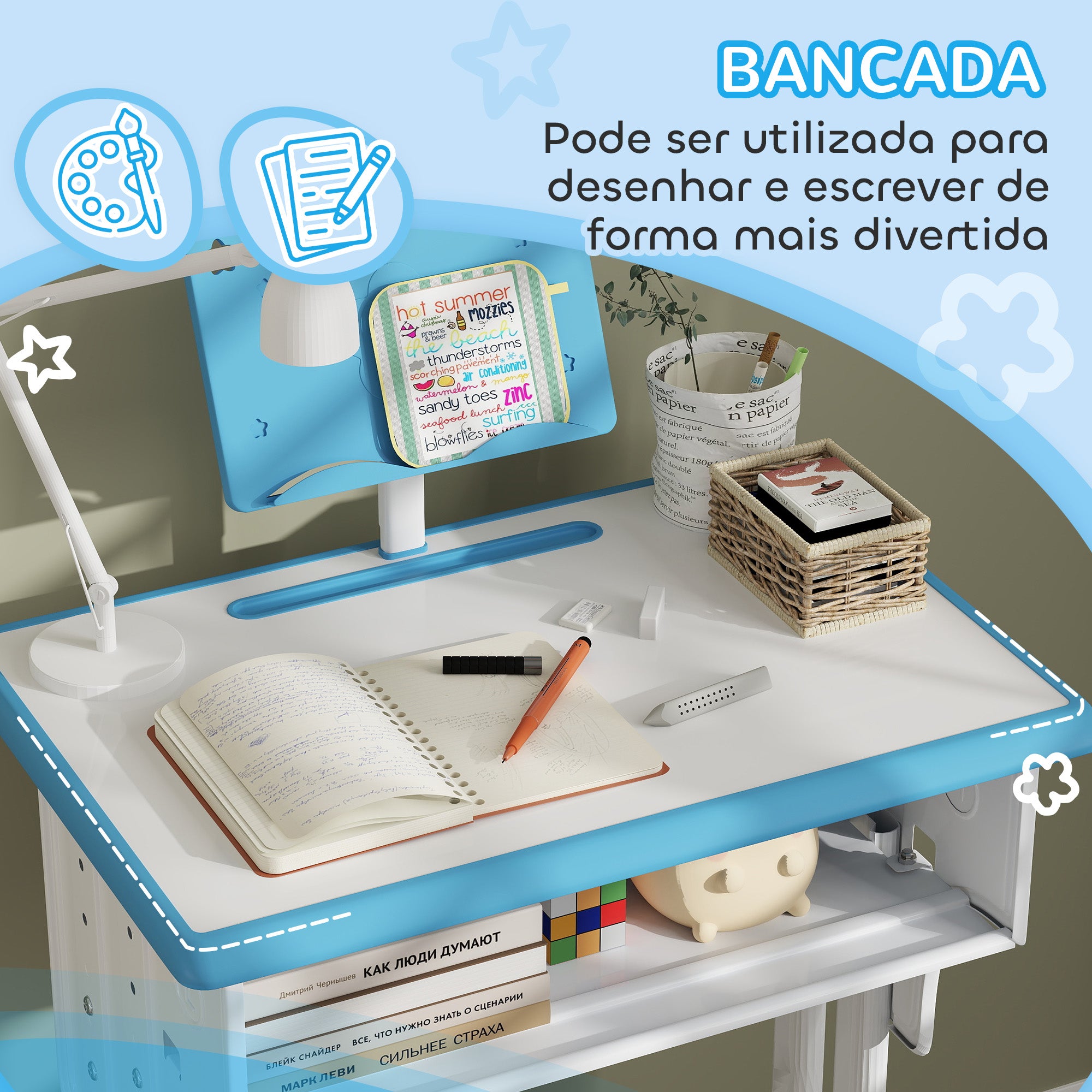 Conjunto de Secretária e Cadeira para Crianças 6-12 Anos - Azul 60x45x90-102 cm