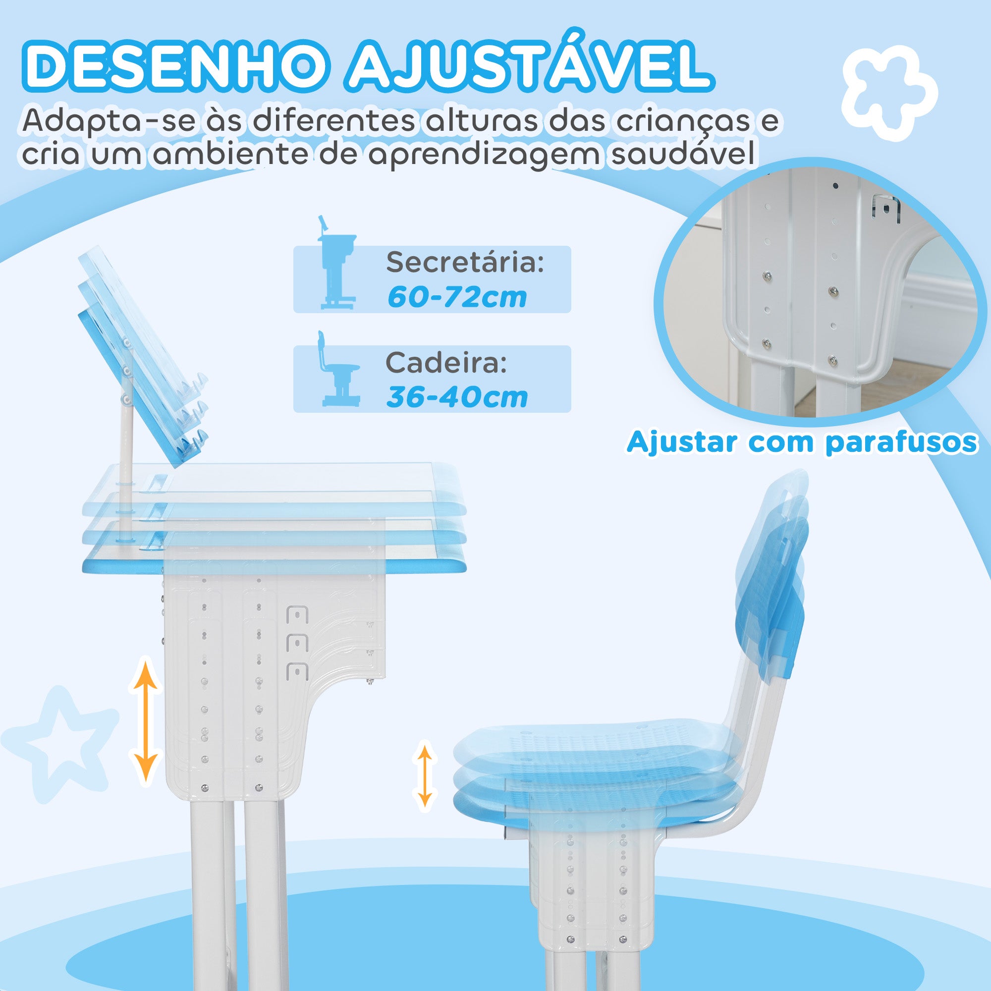 Conjunto de Secretária e Cadeira para Crianças 6-12 Anos - Azul 60x45x90-102 cm