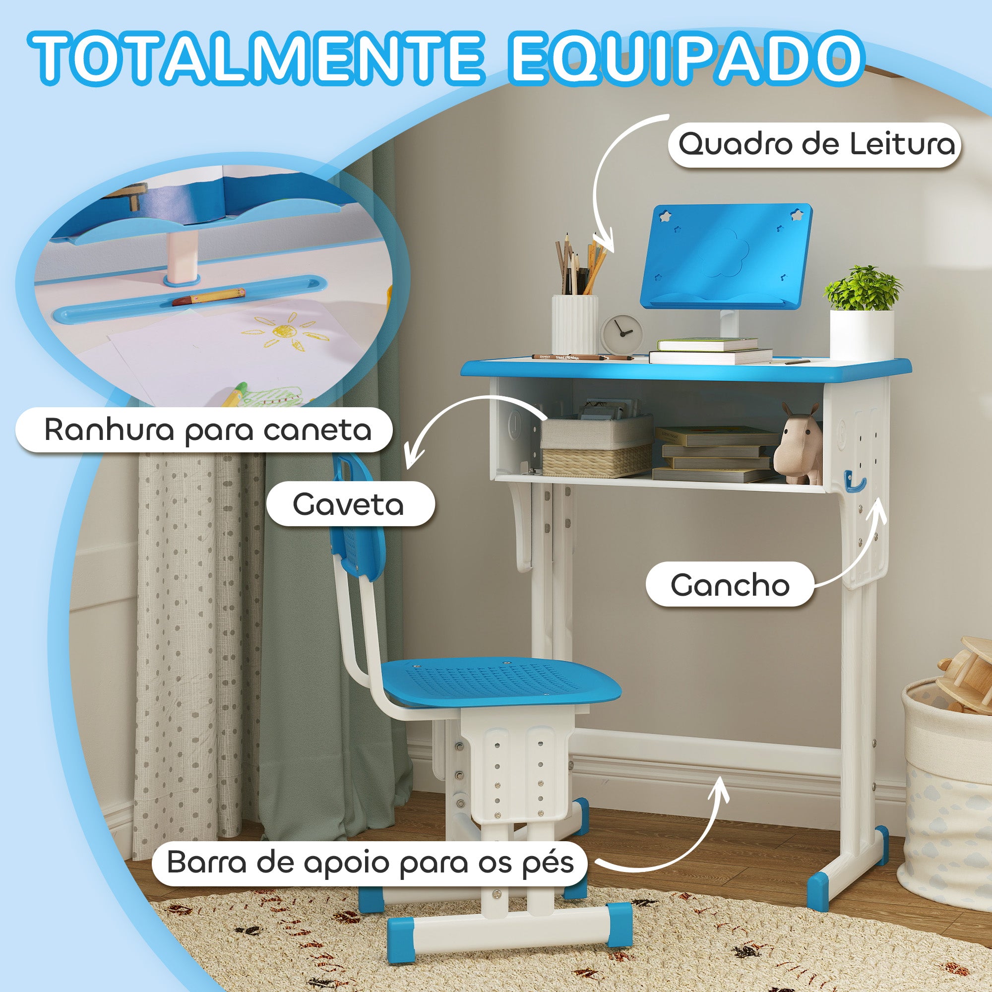 Conjunto de Secretária e Cadeira para Crianças 6-12 Anos - Azul 60x45x90-102 cm