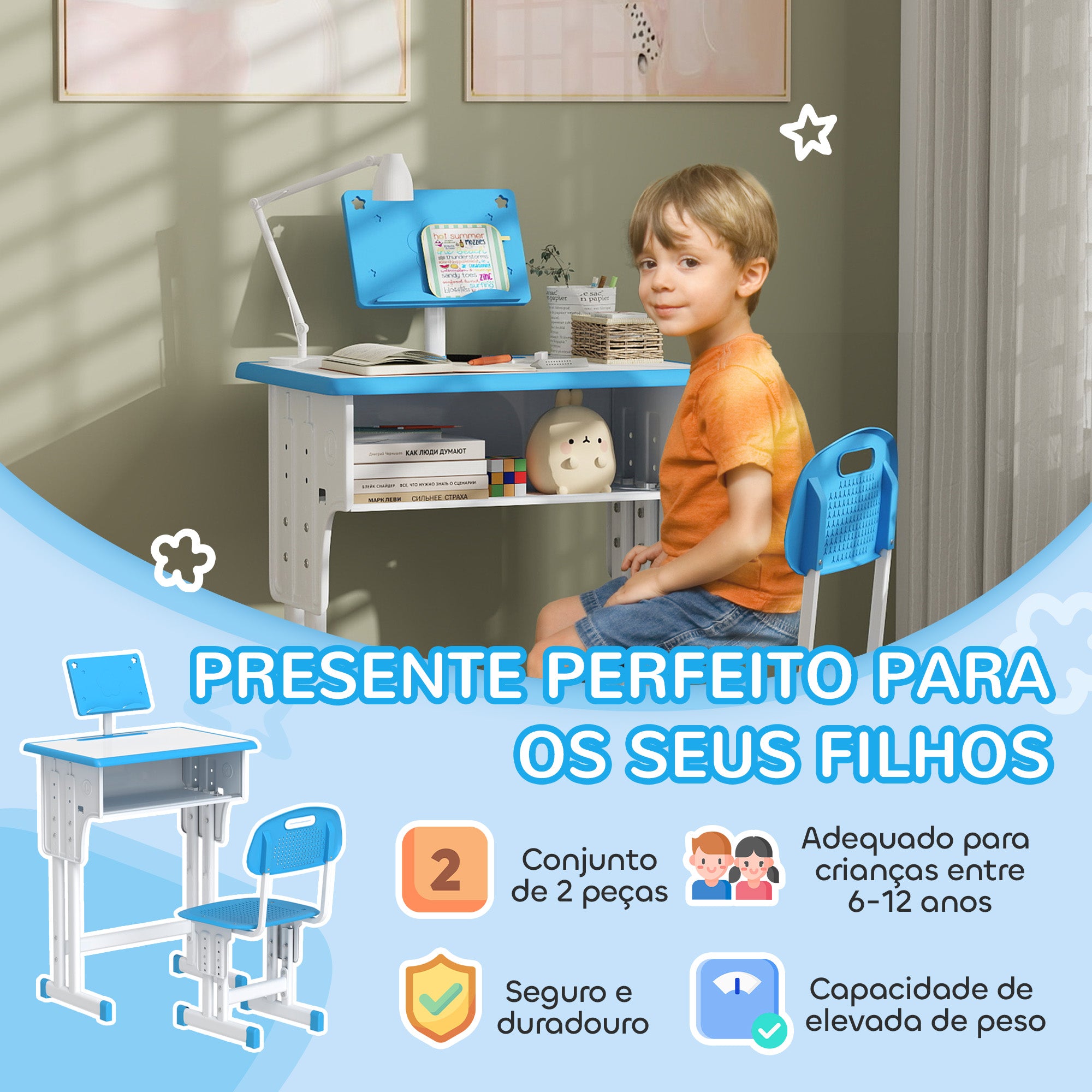 Conjunto de Secretária e Cadeira para Crianças 6-12 Anos - Azul 60x45x90-102 cm