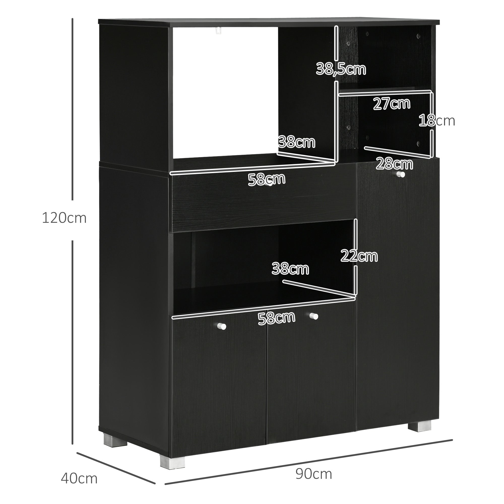 Aparador Auxiliar para Microondas com Armários e Gaveta 90x40x120 cm - Preto