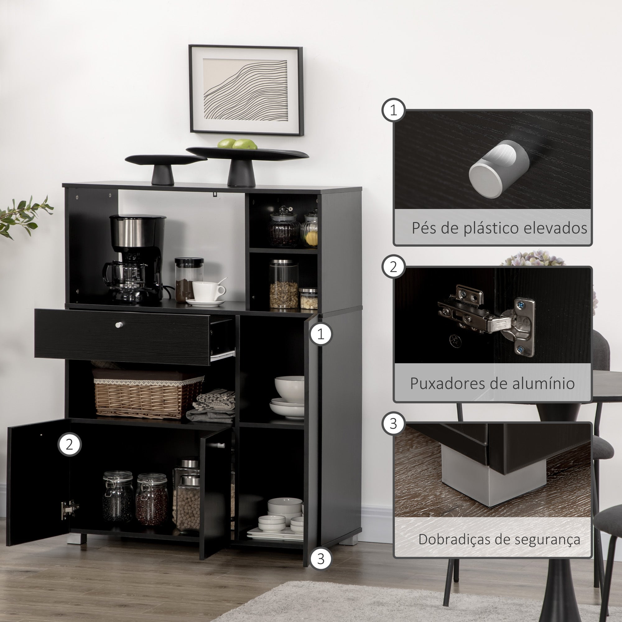 Aparador Auxiliar para Microondas com Armários e Gaveta 90x40x120 cm - Preto