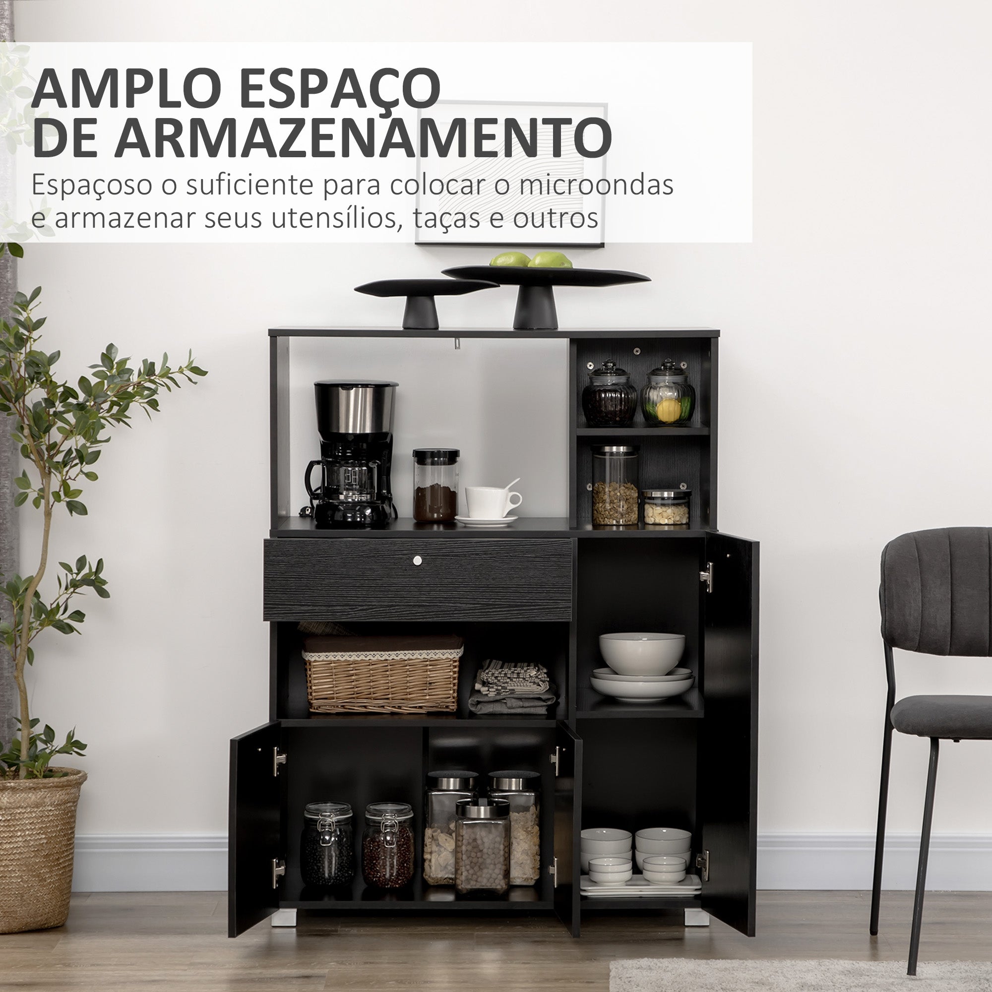 Aparador Auxiliar para Microondas com Armários e Gaveta 90x40x120 cm - Preto