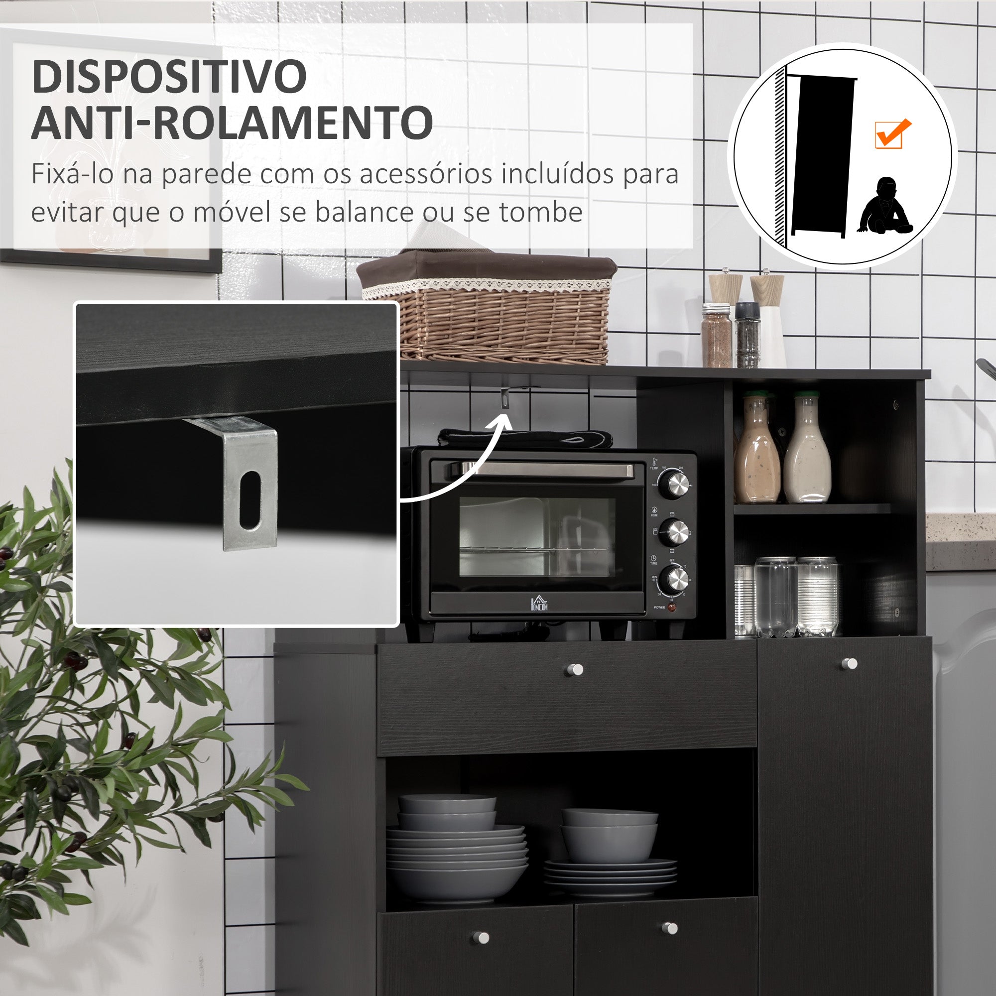 Aparador Auxiliar para Microondas com Armários e Gaveta 90x40x120 cm - Preto