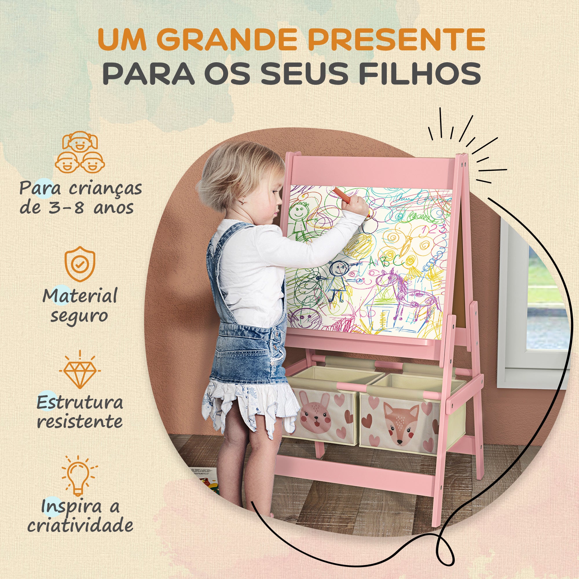 Cavalete Infantil 3 em 1 Rosa 54x46,5x93 cm