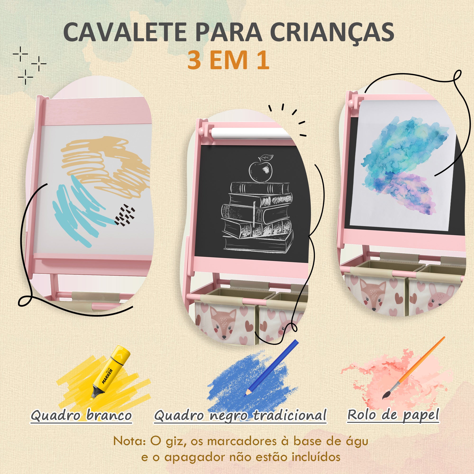 Cavalete Infantil 3 em 1 Rosa 54x46,5x93 cm