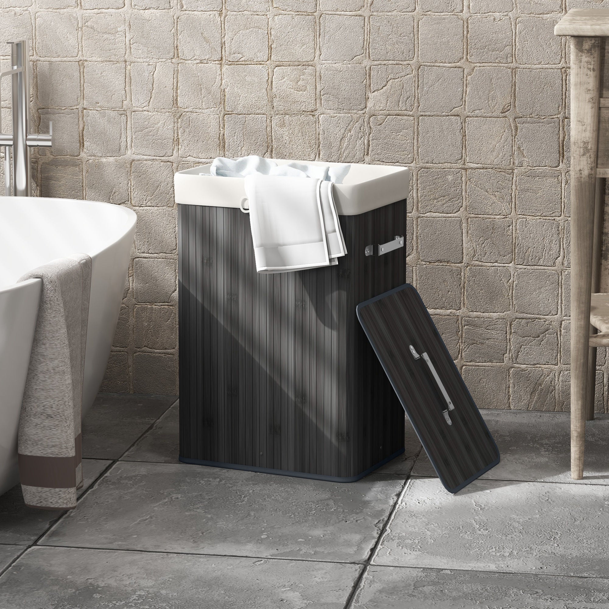 Cesto de Roupa de Bambu Dobrável – 40x30x60 cm – Cinzento