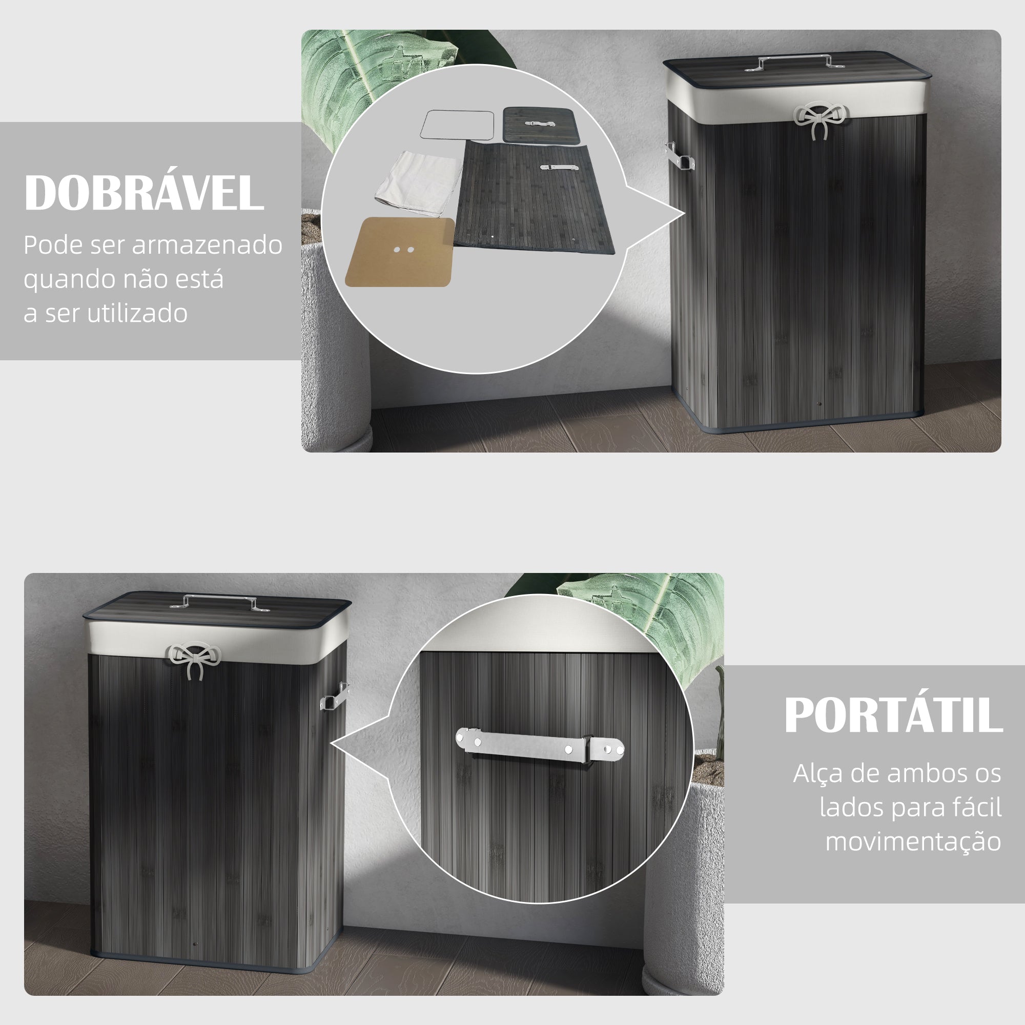 Cesto de Roupa de Bambu Dobrável – 40x30x60 cm – Cinzento