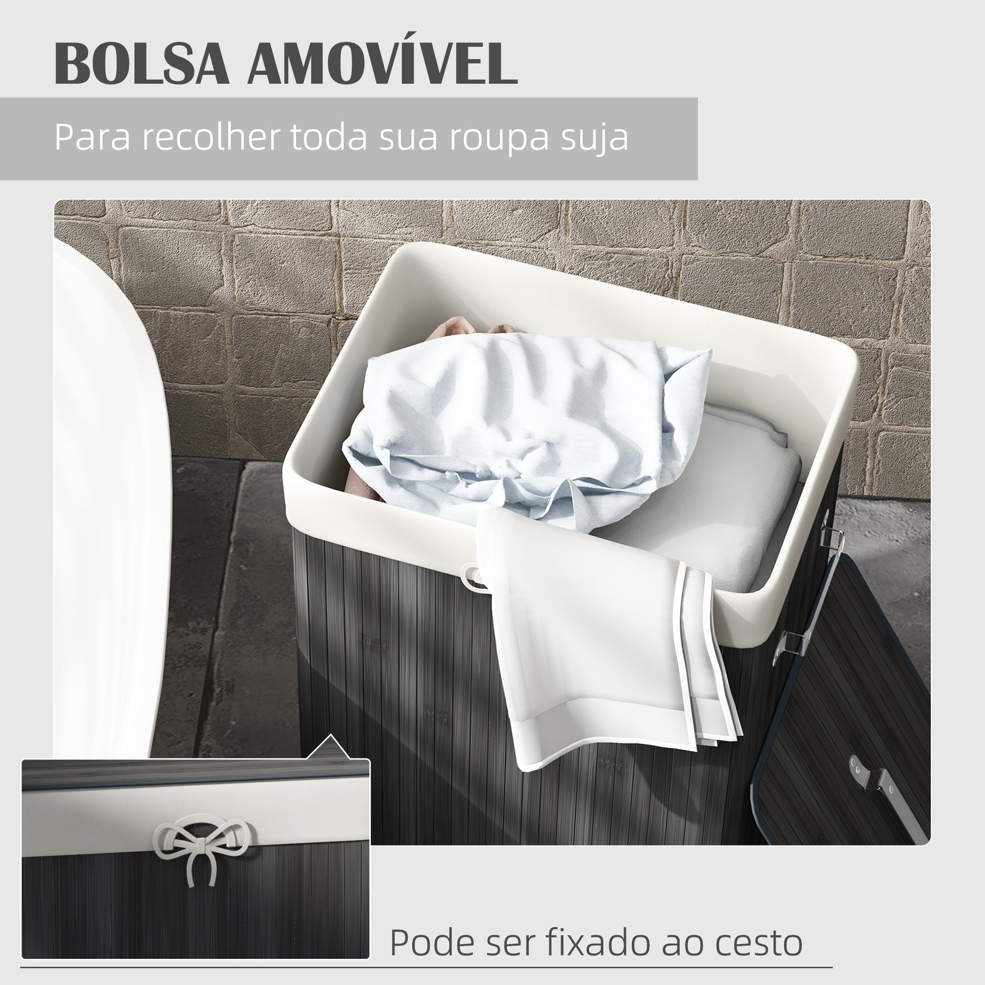 Cesto de Roupa de Bambu Dobrável – 40x30x60 cm – Cinzento