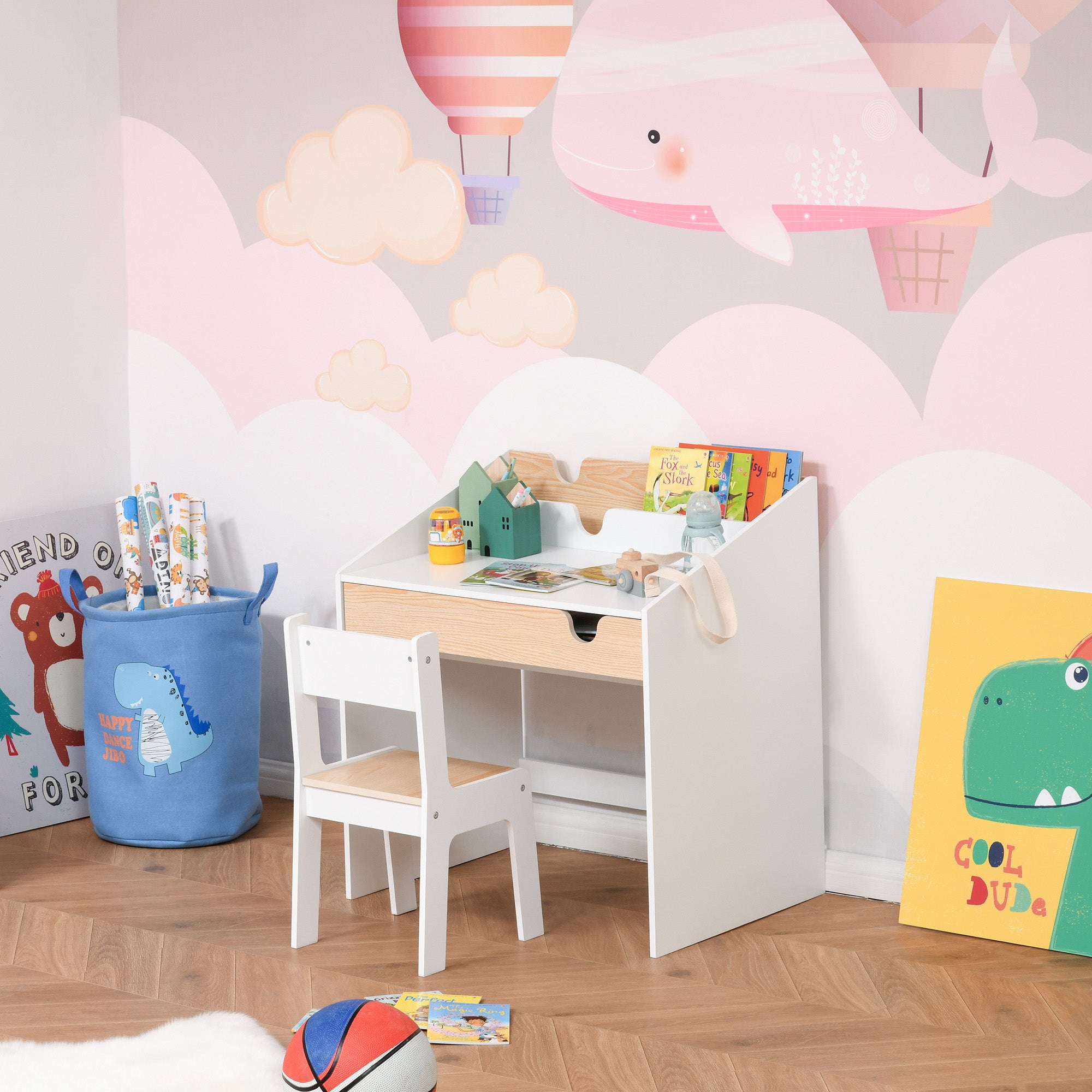 Secretária Infantil com Gaveta e Prateleira 70x50x75 cm Branco e Madeira