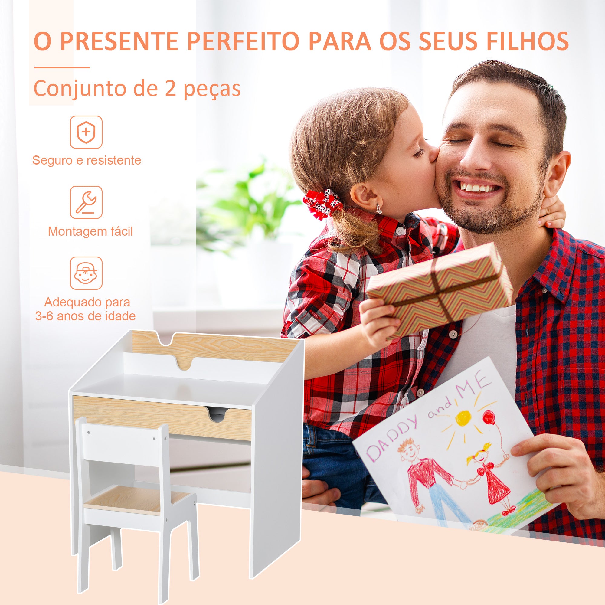 Secretária Infantil com Gaveta e Prateleira 70x50x75 cm Branco e Madeira