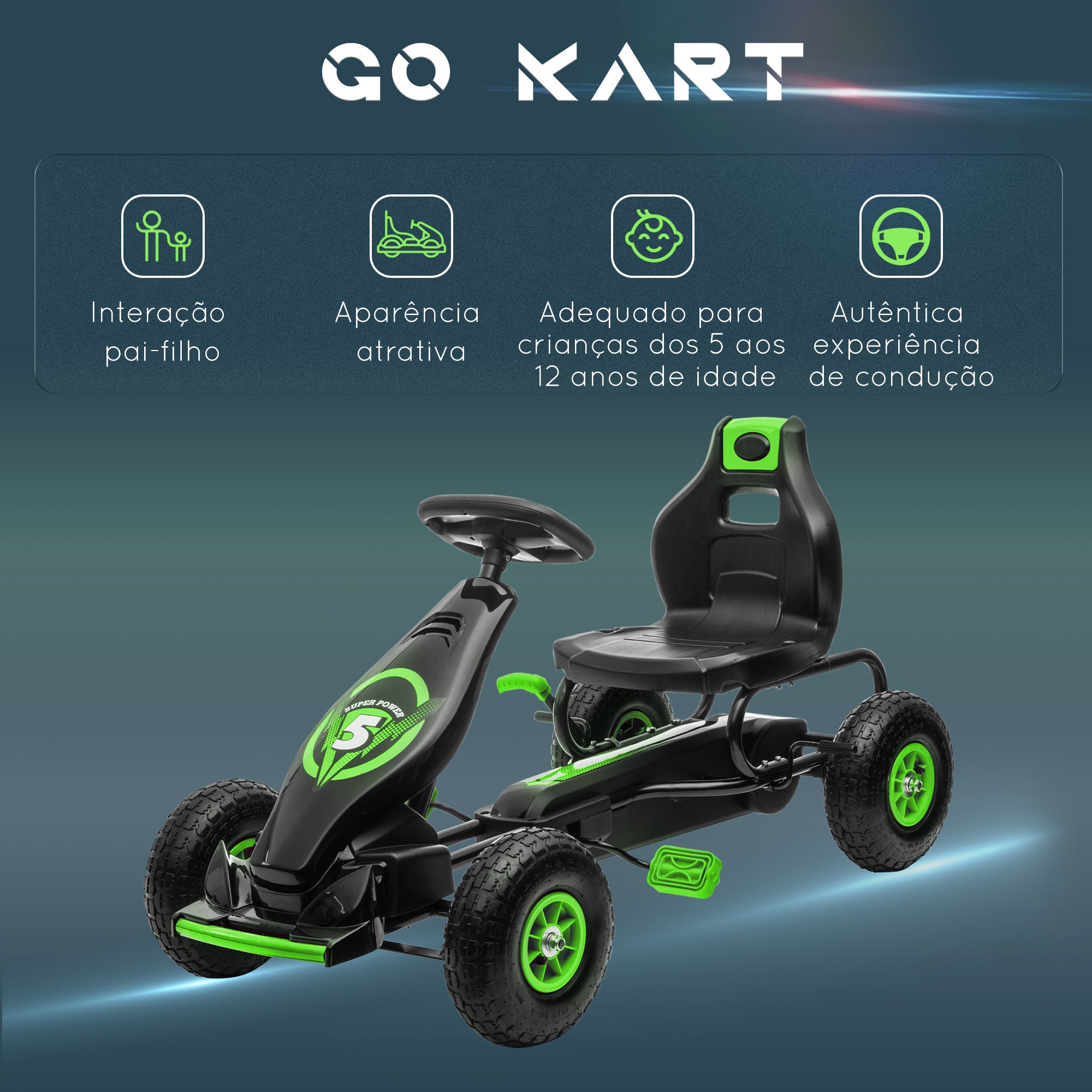 Kart a Pedais Infantil Verde 121x58x61cm para Crianças 5-12 Anos