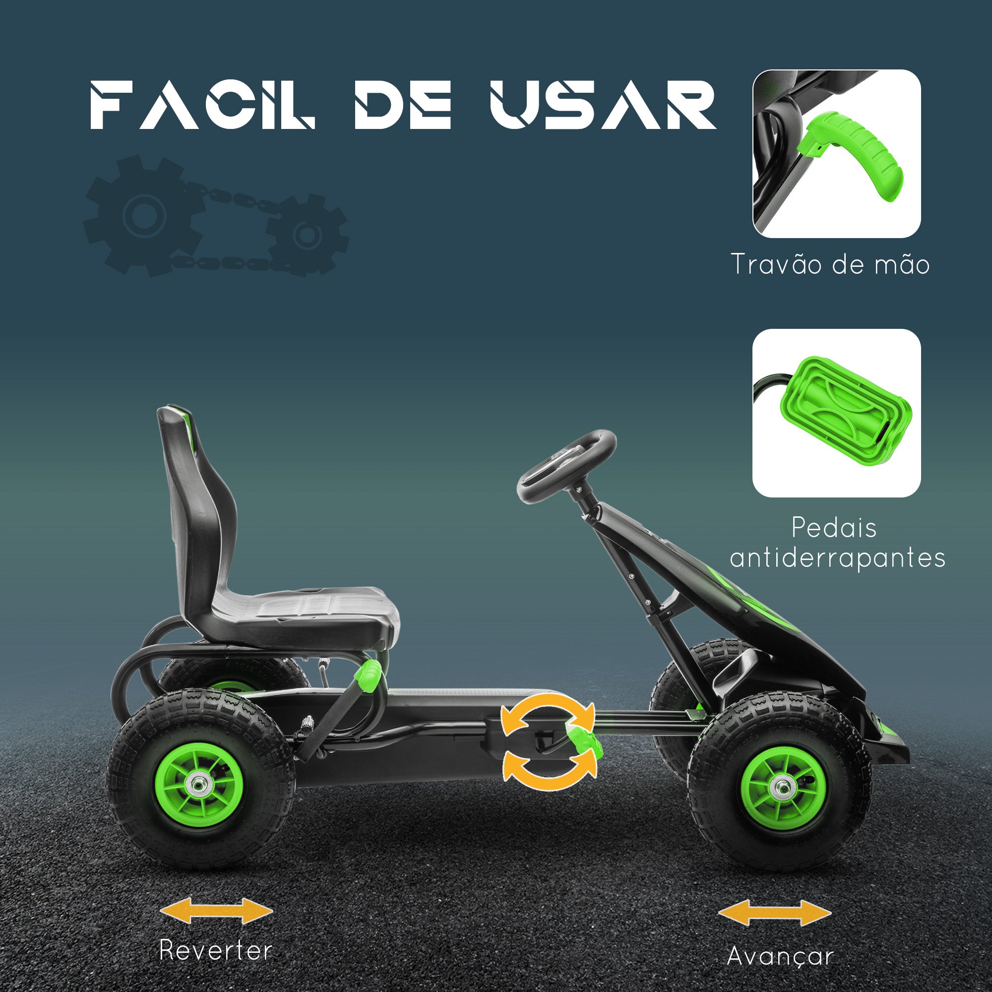 Kart a Pedais Infantil Verde 121x58x61cm para Crianças 5-12 Anos