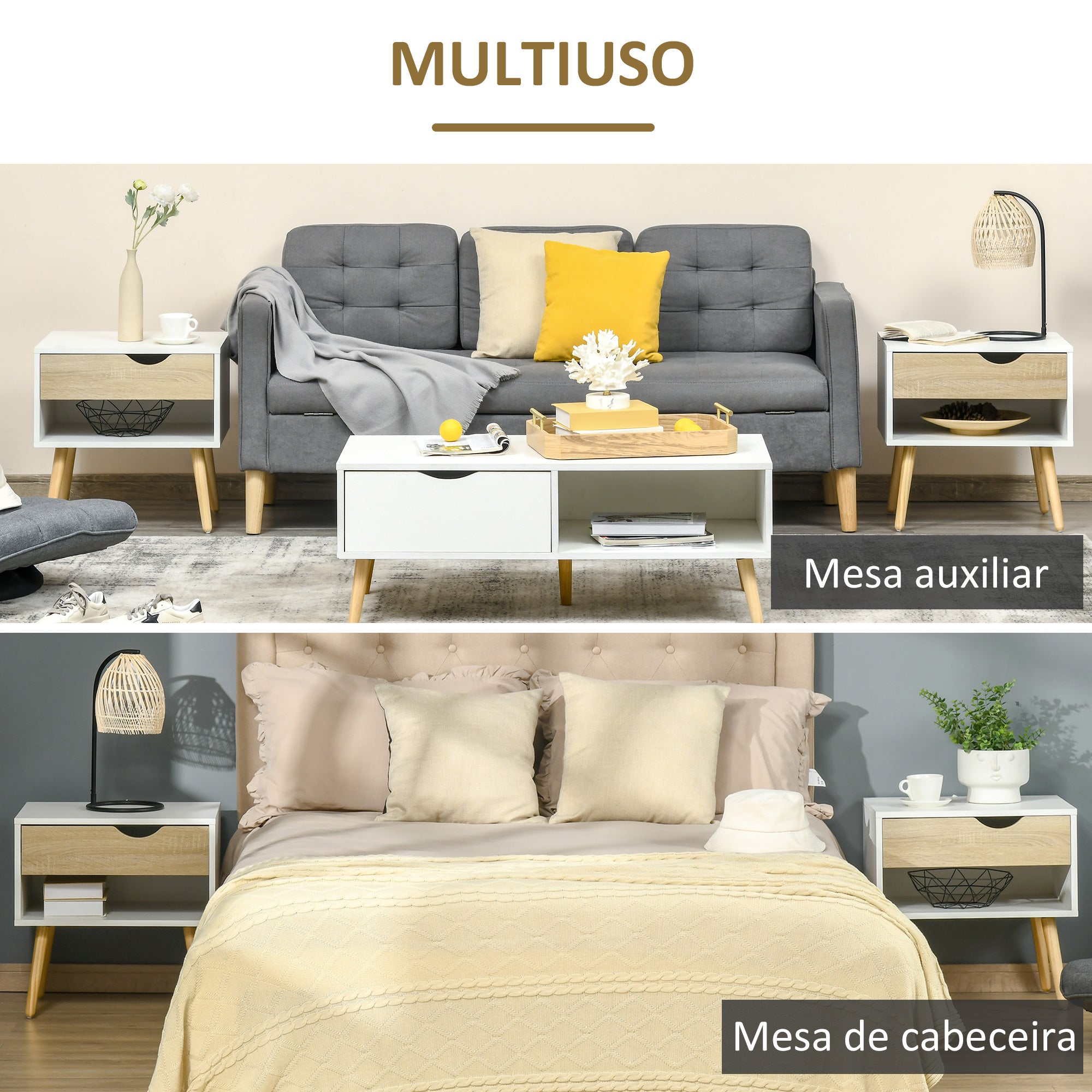 Mesas de Cabeceira Modernas Carvalho e Branco 50x39x51 cm