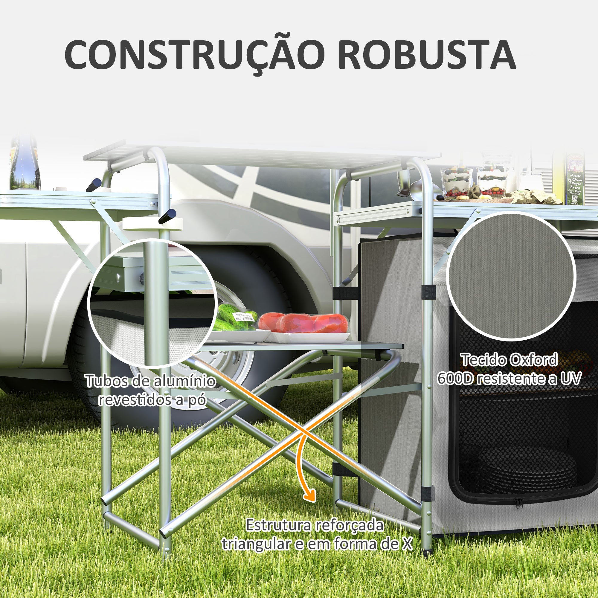 Móvel de Cozinha para Campismo Dobrável 144x48x119 cm Prata