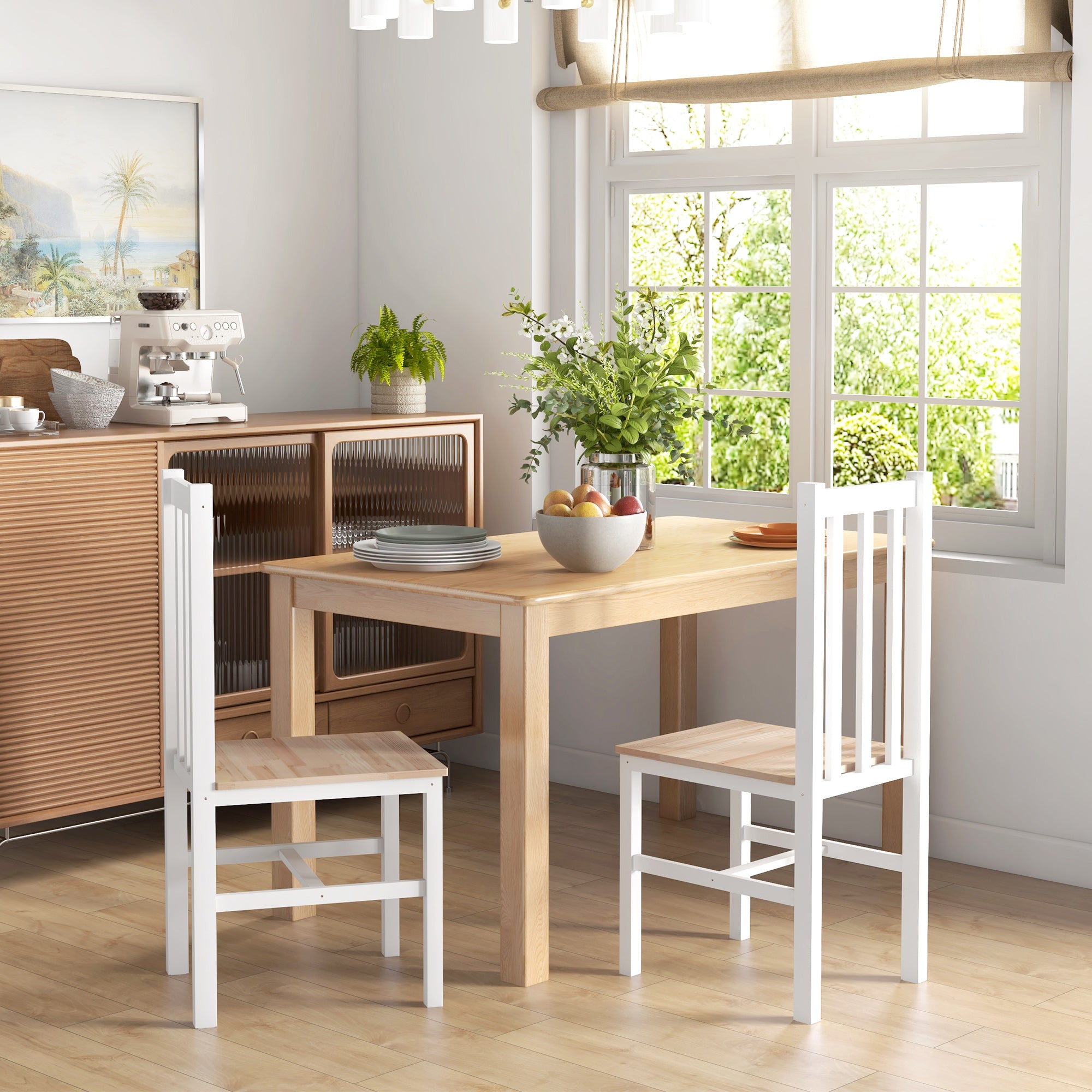 Conjunto de 2 Cadeiras de Sala de Jantar Branco 38,5x47,5x99 cm - Encosto de Ripas Estrutura de Madeira