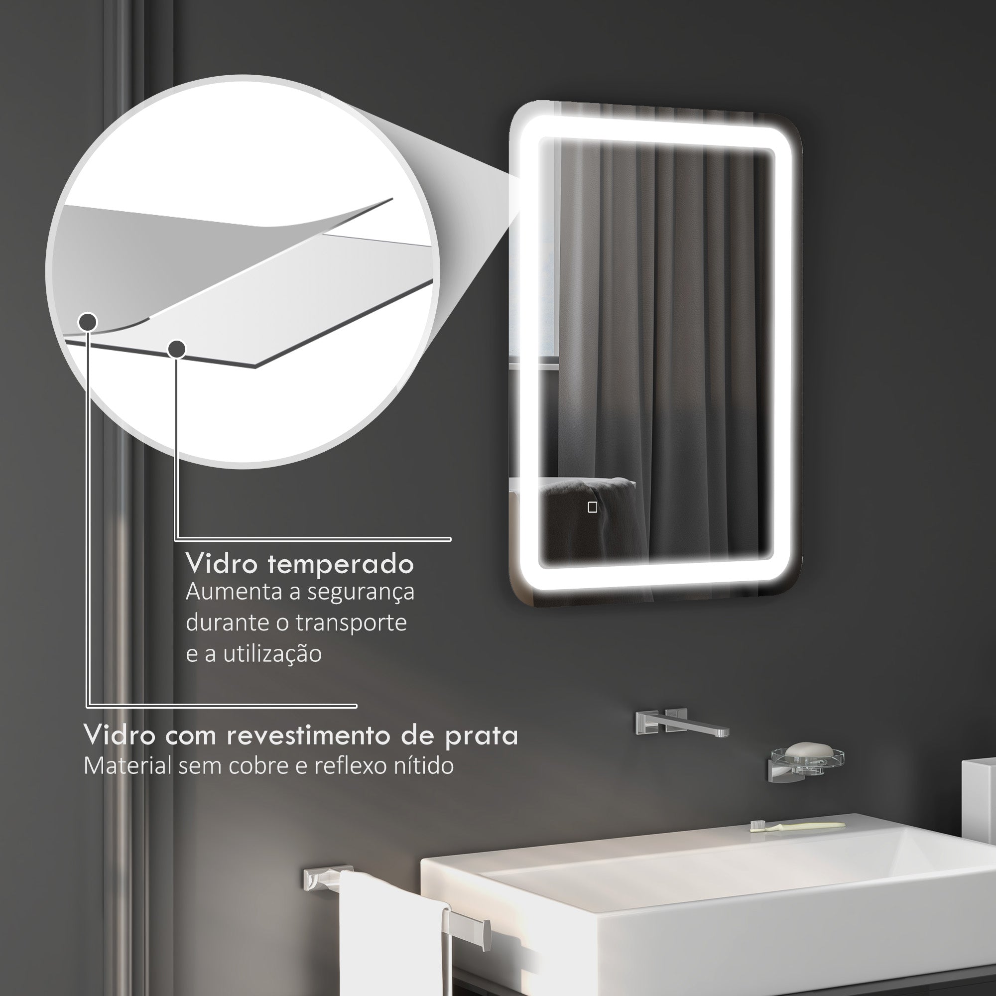 Espelho de Casa de Banho LED 50x70 cm Prata
