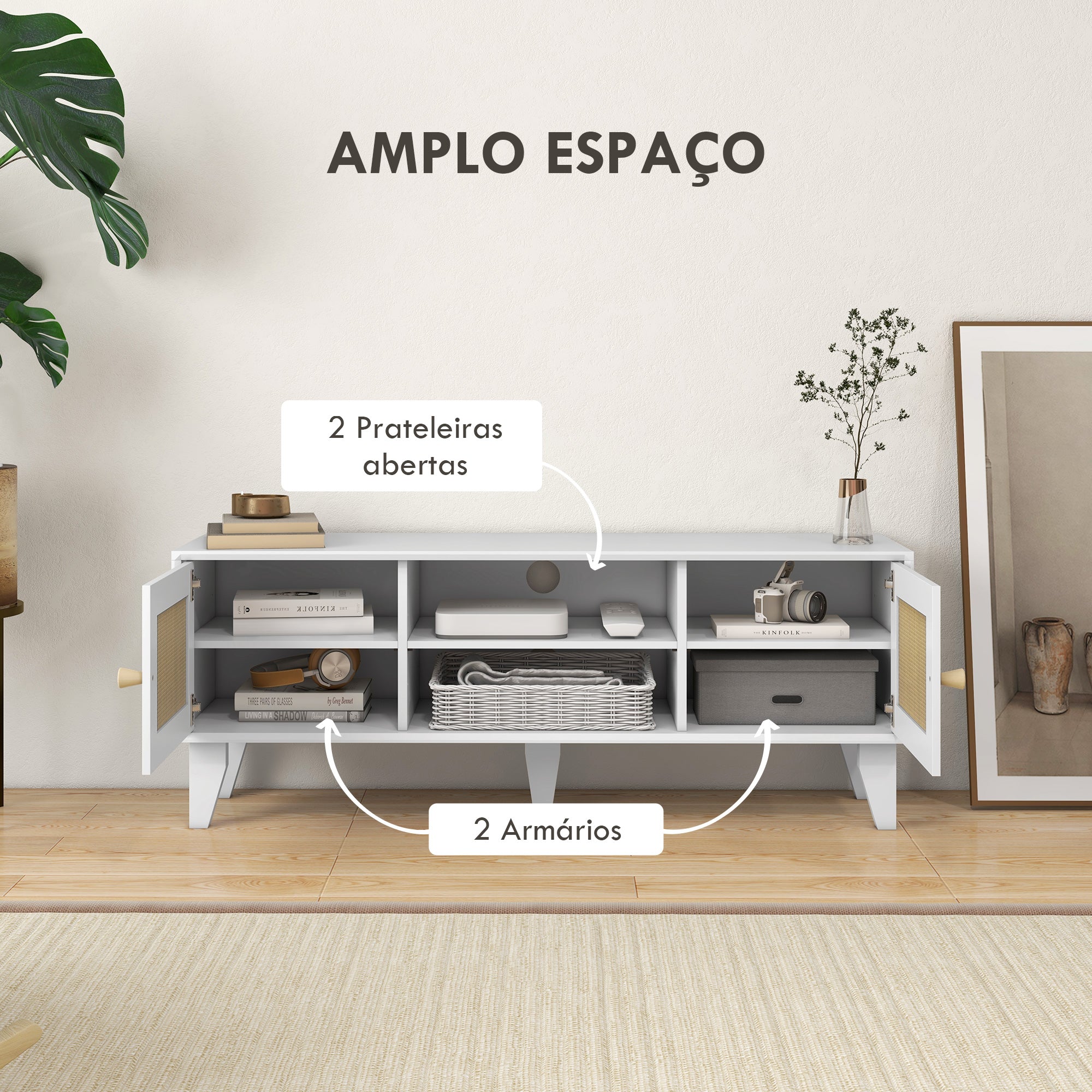 Móvel de TV Boho Chic para TVs de até 55 Polegadas 120x35x46 cm Branco
