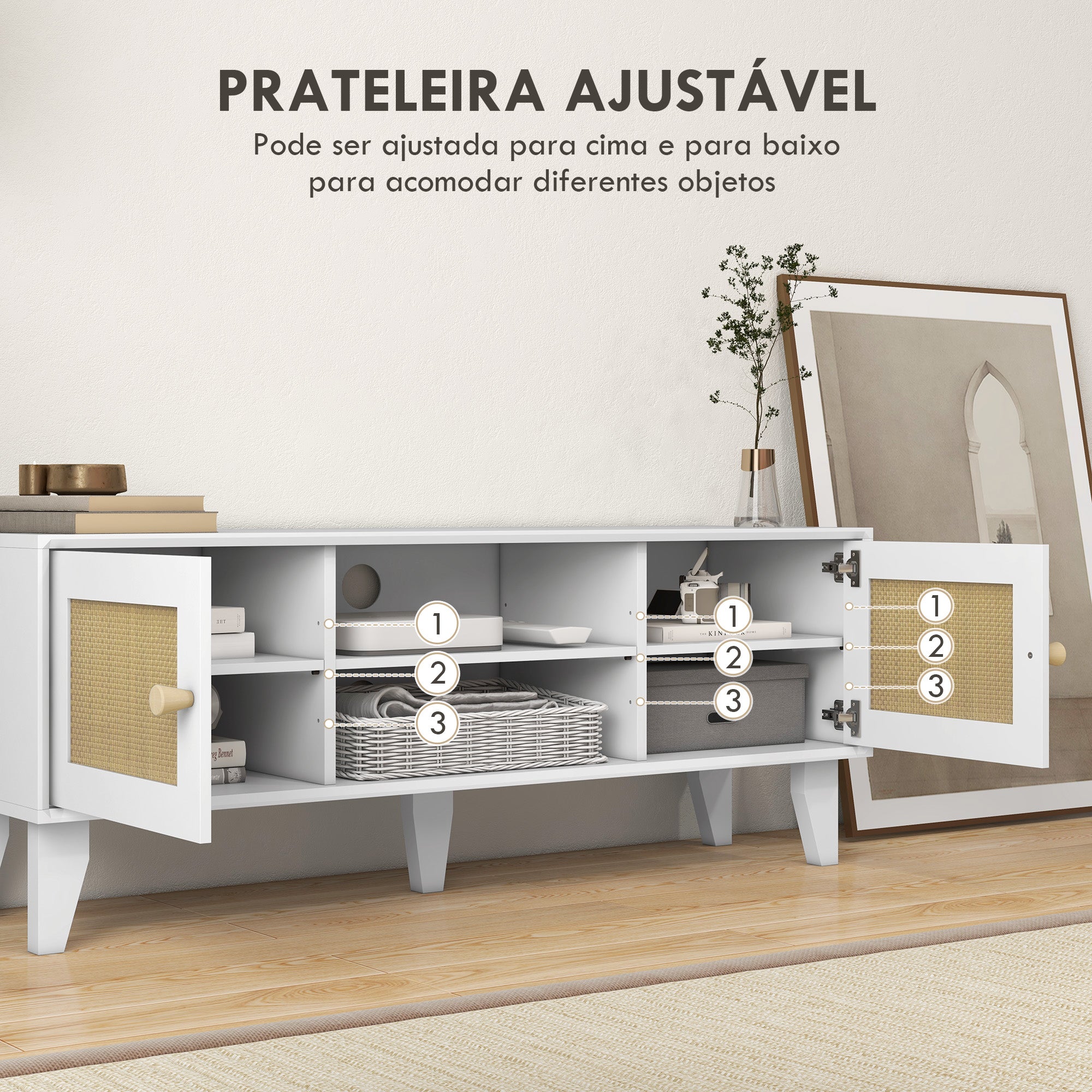 Móvel de TV Boho Chic para TVs de até 55 Polegadas 120x35x46 cm Branco