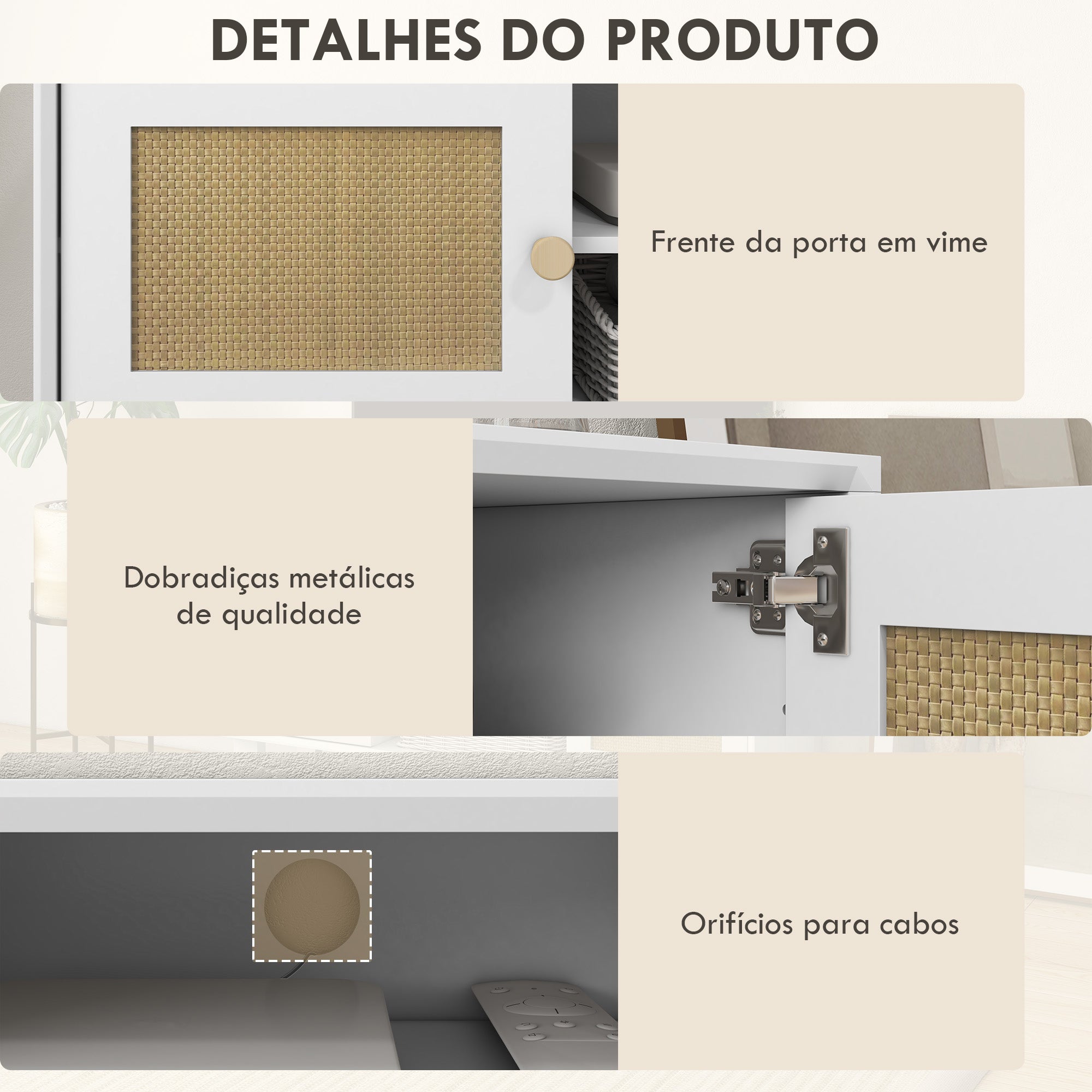 Móvel de TV Boho Chic para TVs de até 55 Polegadas 120x35x46 cm Branco