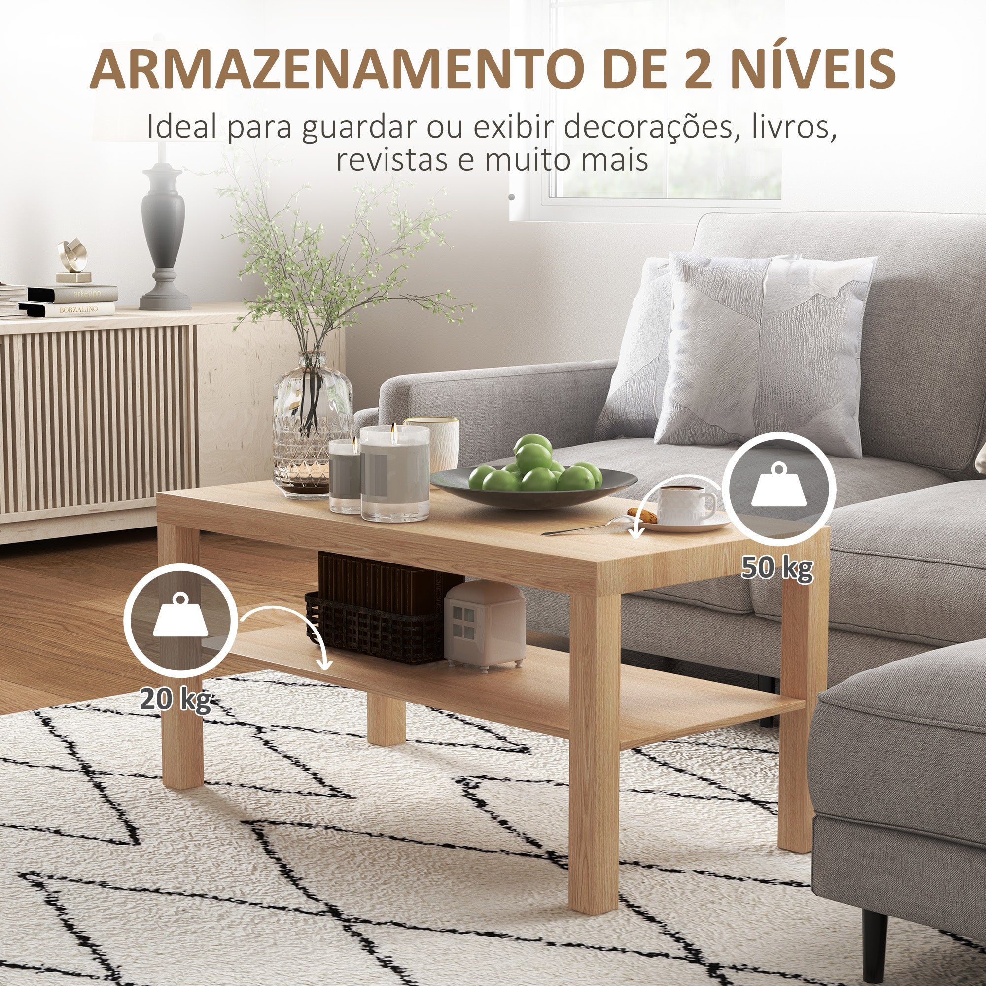 Mesa de Centro Moderna 90x45x44,5 cm Cor de Madeira Natural