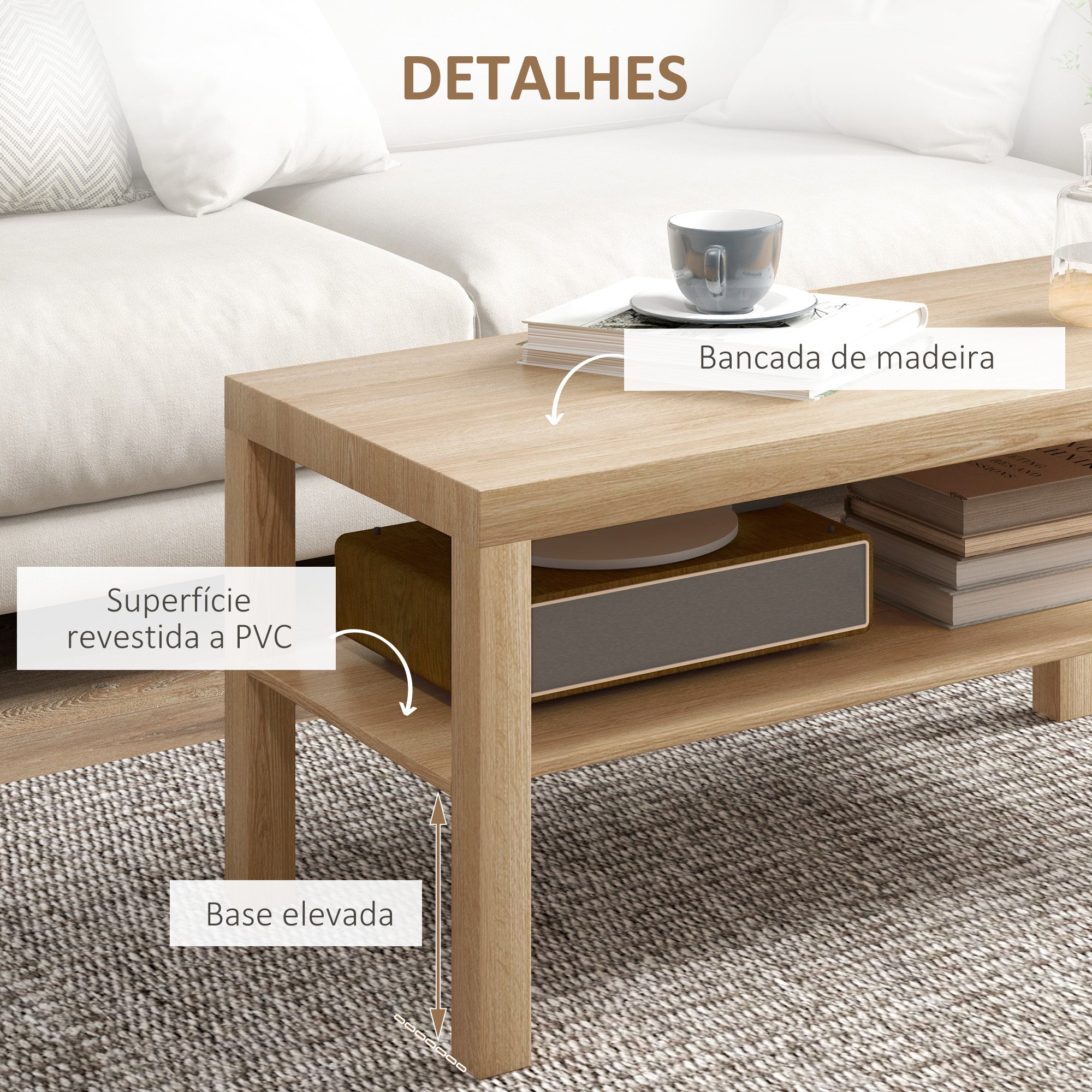 Mesa de Centro Moderna 90x45x44,5 cm Cor de Madeira Natural