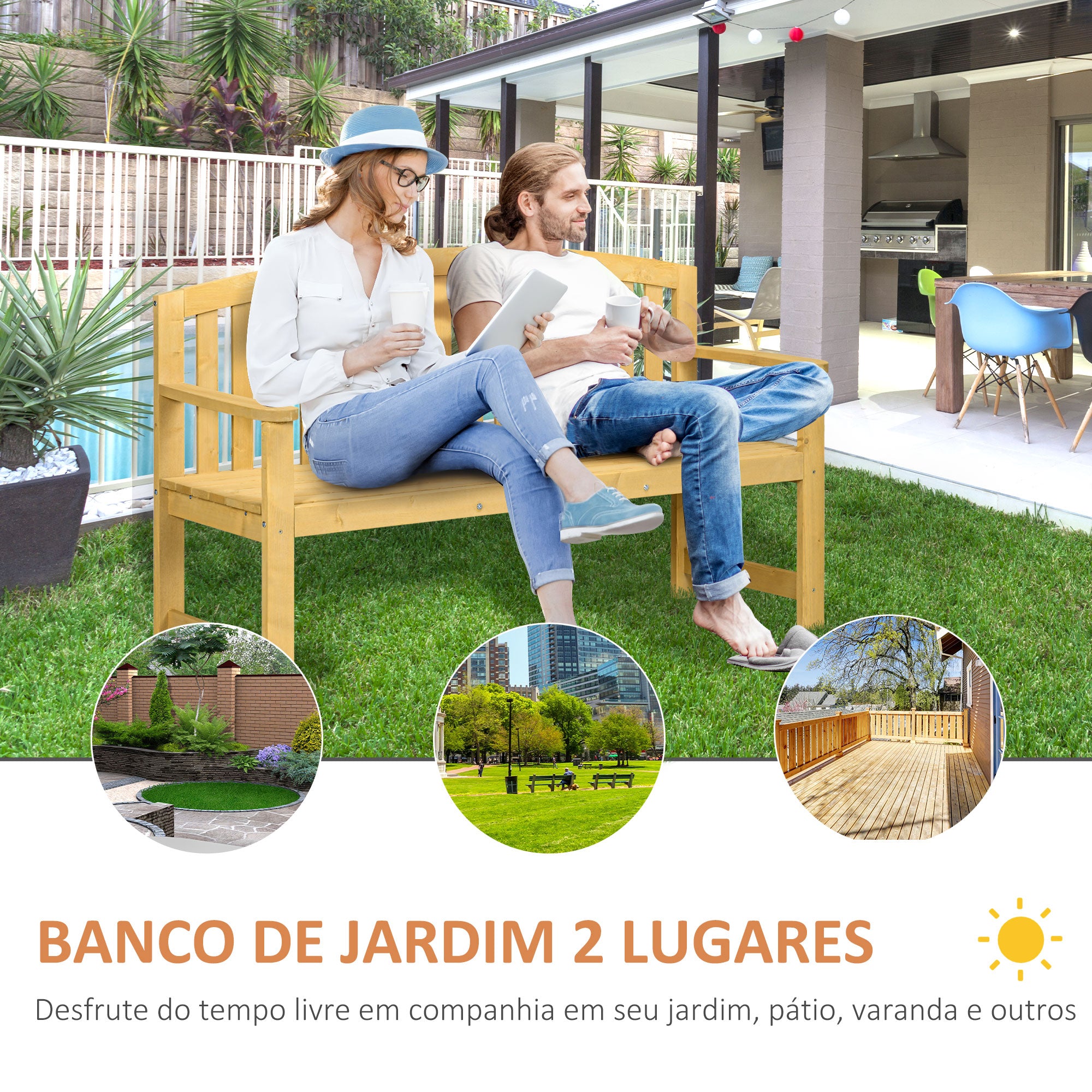 Banco de Jardim 2 Lugares Cor de Madeira Natural 143x51x85 cm