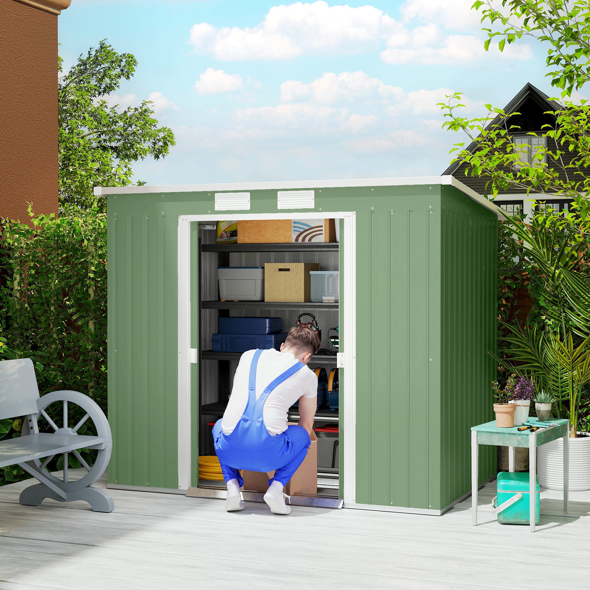 Abrigo de Jardim Verde 213x130x173cm em Aço Galvanizado com Porta Corrediça e Ventilações