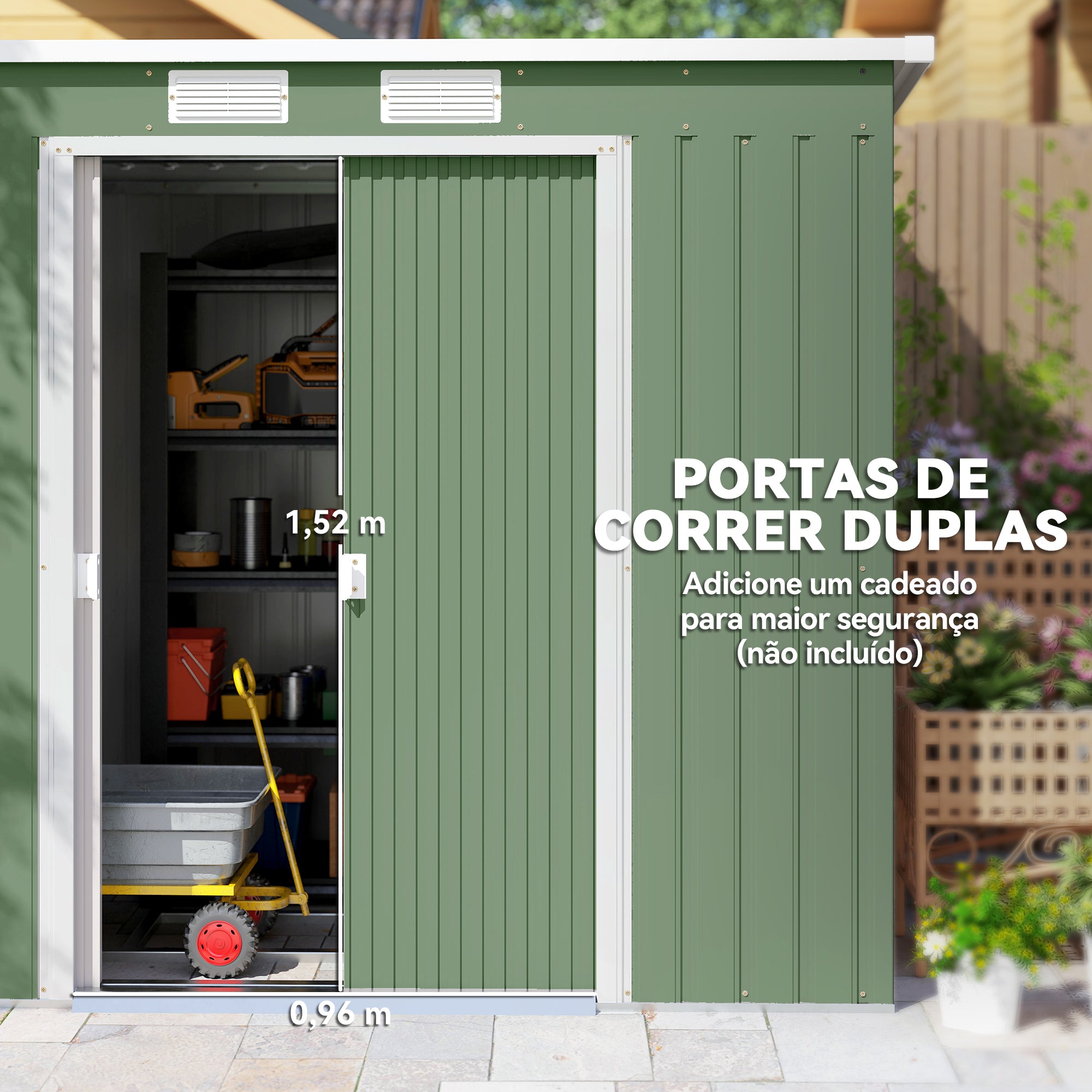 Abrigo de Jardim Verde 213x130x173cm em Aço Galvanizado com Porta Corrediça e Ventilações