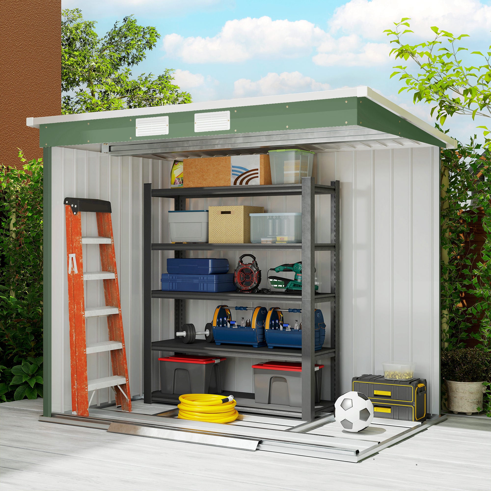 Abrigo de Jardim Verde 213x130x173cm em Aço Galvanizado com Porta Corrediça e Ventilações