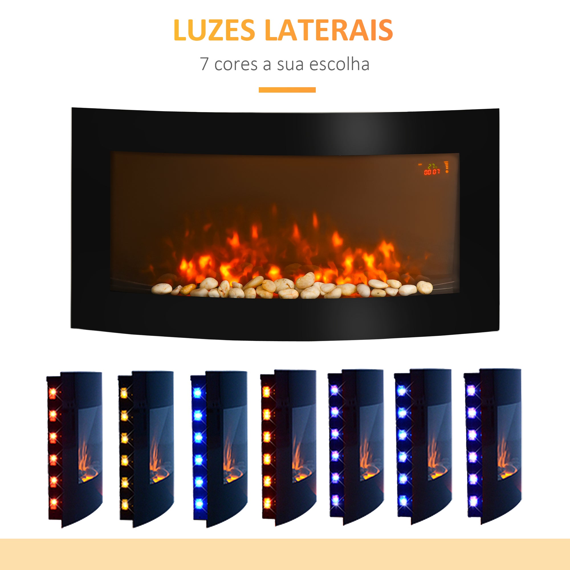Lareira Elétrica de Parede LED 7 Cores 1000W/2000W 89,2x13,5x48cm Preto