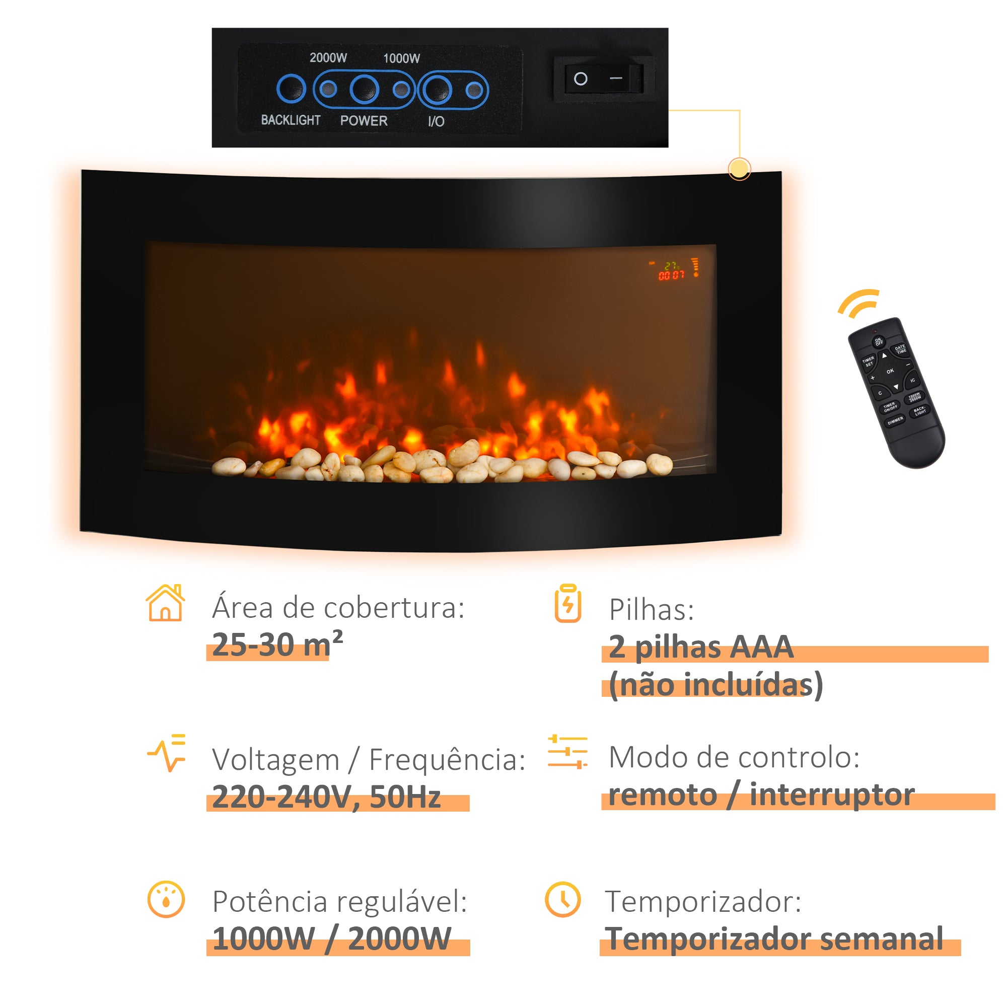 Lareira Elétrica de Parede LED 7 Cores 1000W/2000W 89,2x13,5x48cm Preto