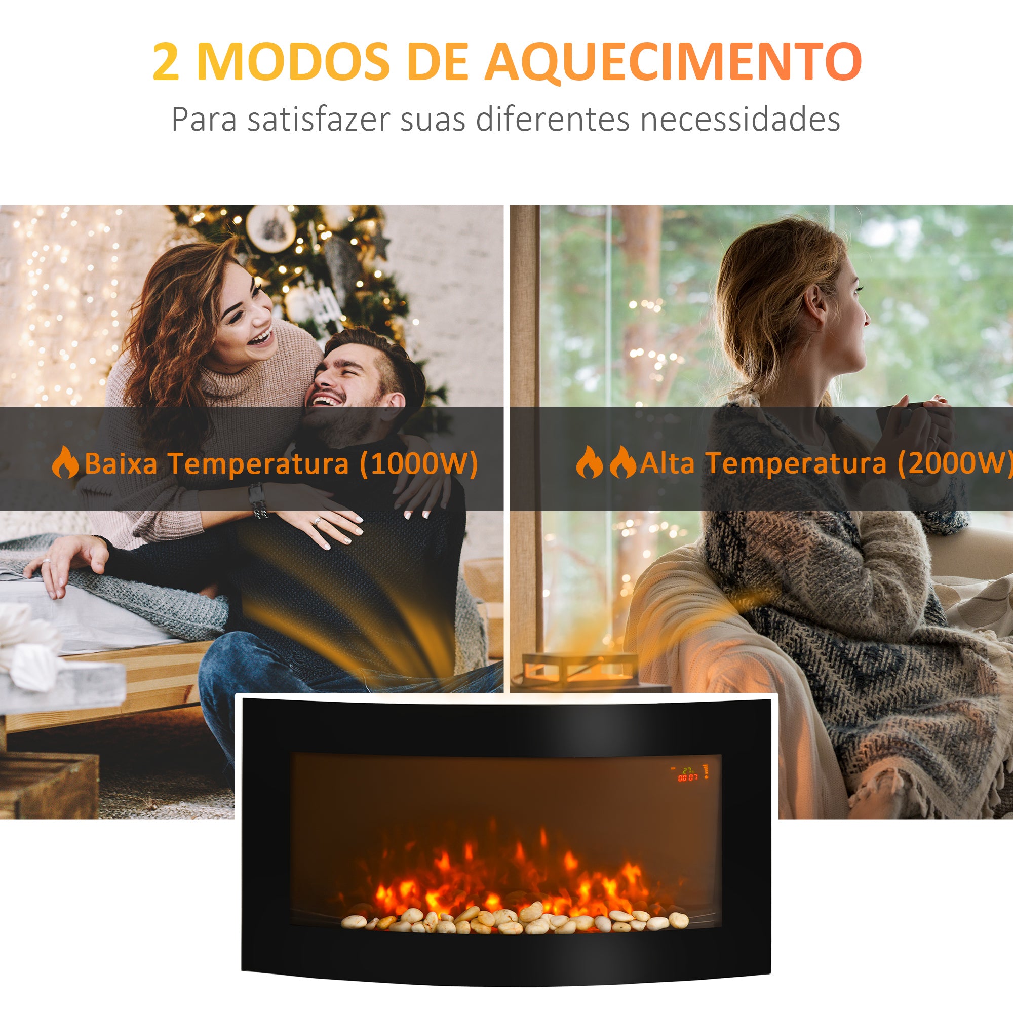 Lareira Elétrica de Parede LED 7 Cores 1000W/2000W 89,2x13,5x48cm Preto