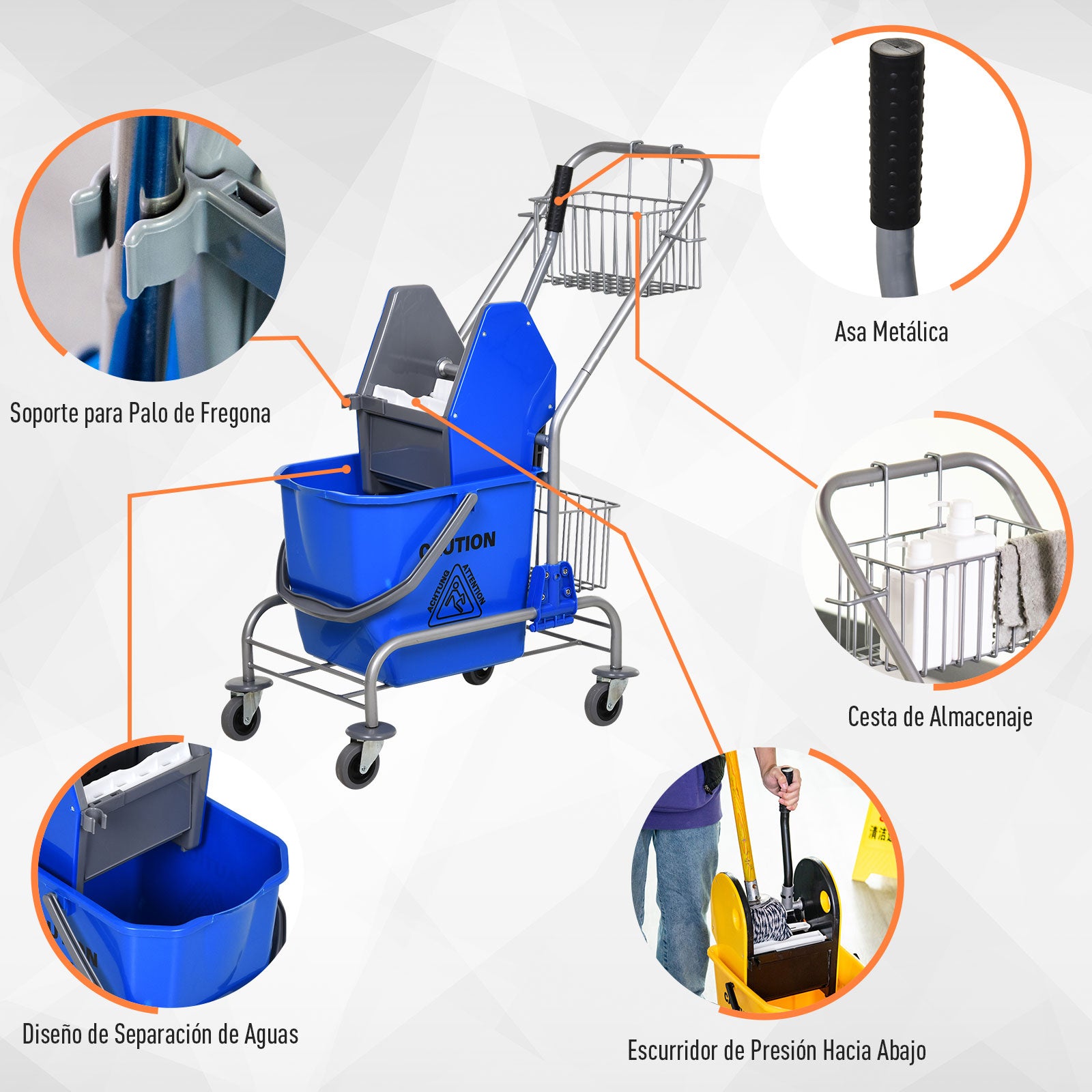 Carrinho de Limpeza com Espremedor Capacidade 26L - Azul 73x45x95 cm