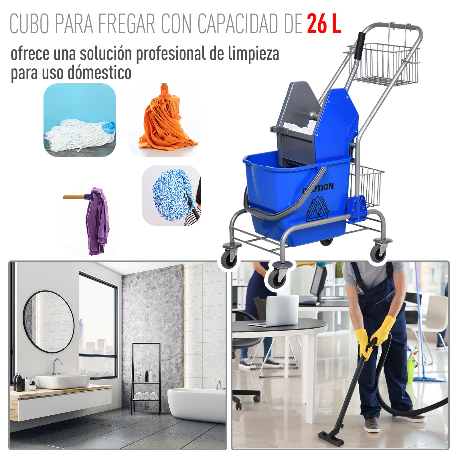 Carrinho de Limpeza com Espremedor Capacidade 26L - Azul 73x45x95 cm